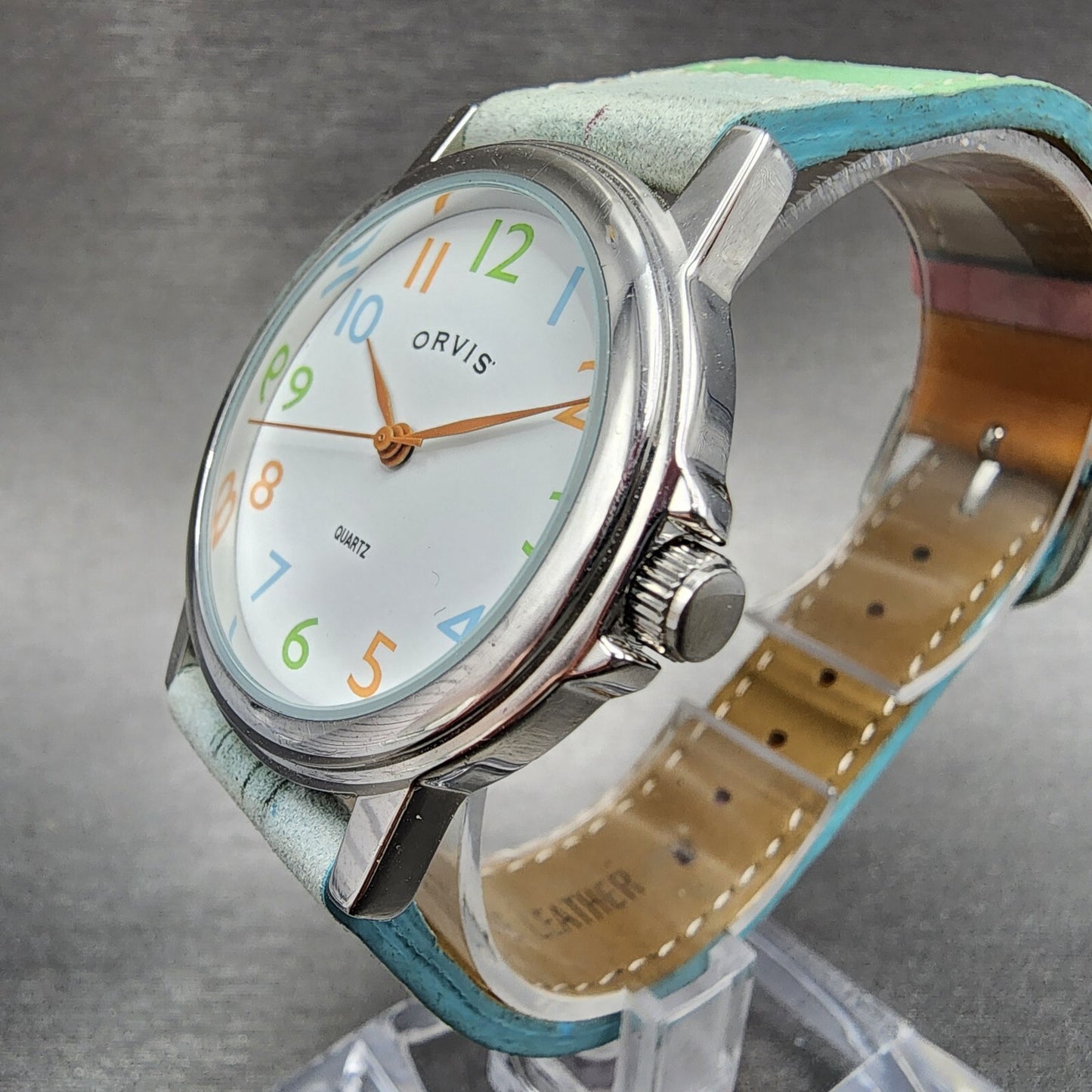Orvis Watch Women 34mm White Dial Silver Tone Round Rainbow Band New Battery