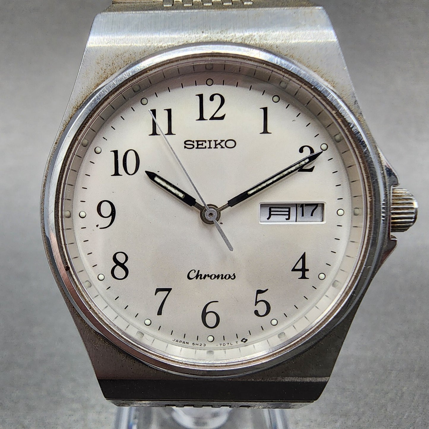 Seiko Chronos Watch Men 35mm Silver Tone Silver Dial Daydate 5h23-7d20 PARTS