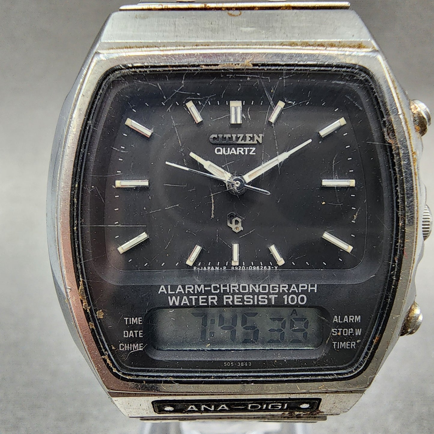 Citizen CQ Analog Digital Watch Men 35mm Black Dial Steel Rectangle READ!!! Runs