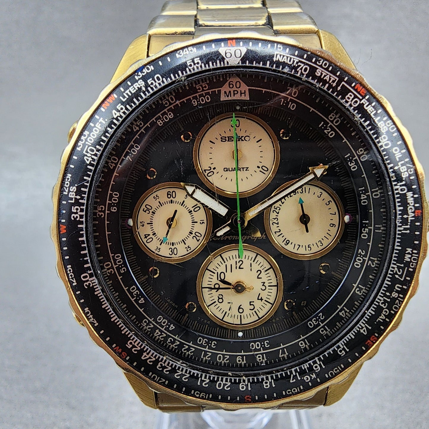 Seiko Flightmaster Chronograph Watch Men 41mm Black Dial Gold Tone READ New Batt