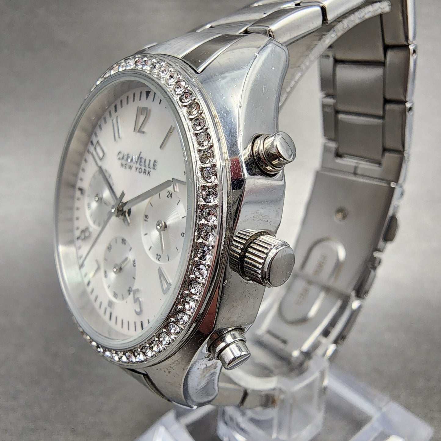 Bulova Caravelle Chronograph Watch Women 37mm MOP Dial Steel Round New Battery