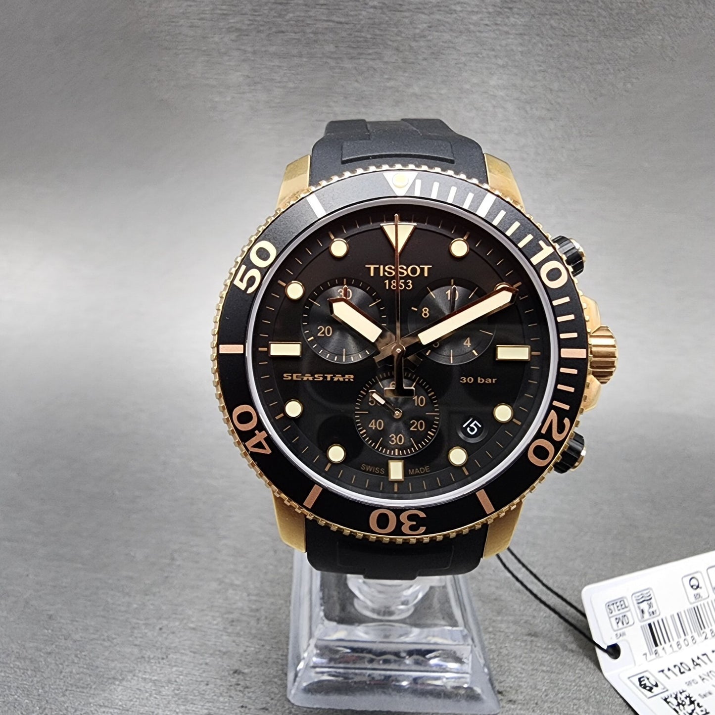 Tissot Seastar Chronograph Watch Men 45mm Black Dial Rose Gold Tone Date Works