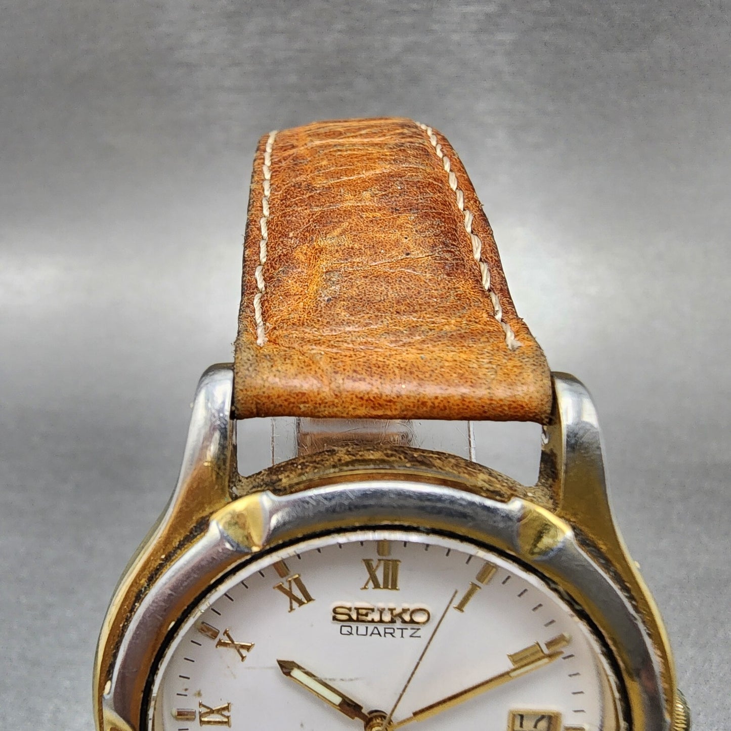 Seiko AGS Watch Men 37mm White Dial Gold Tone Date Round 7M22-8A29 PARTS
