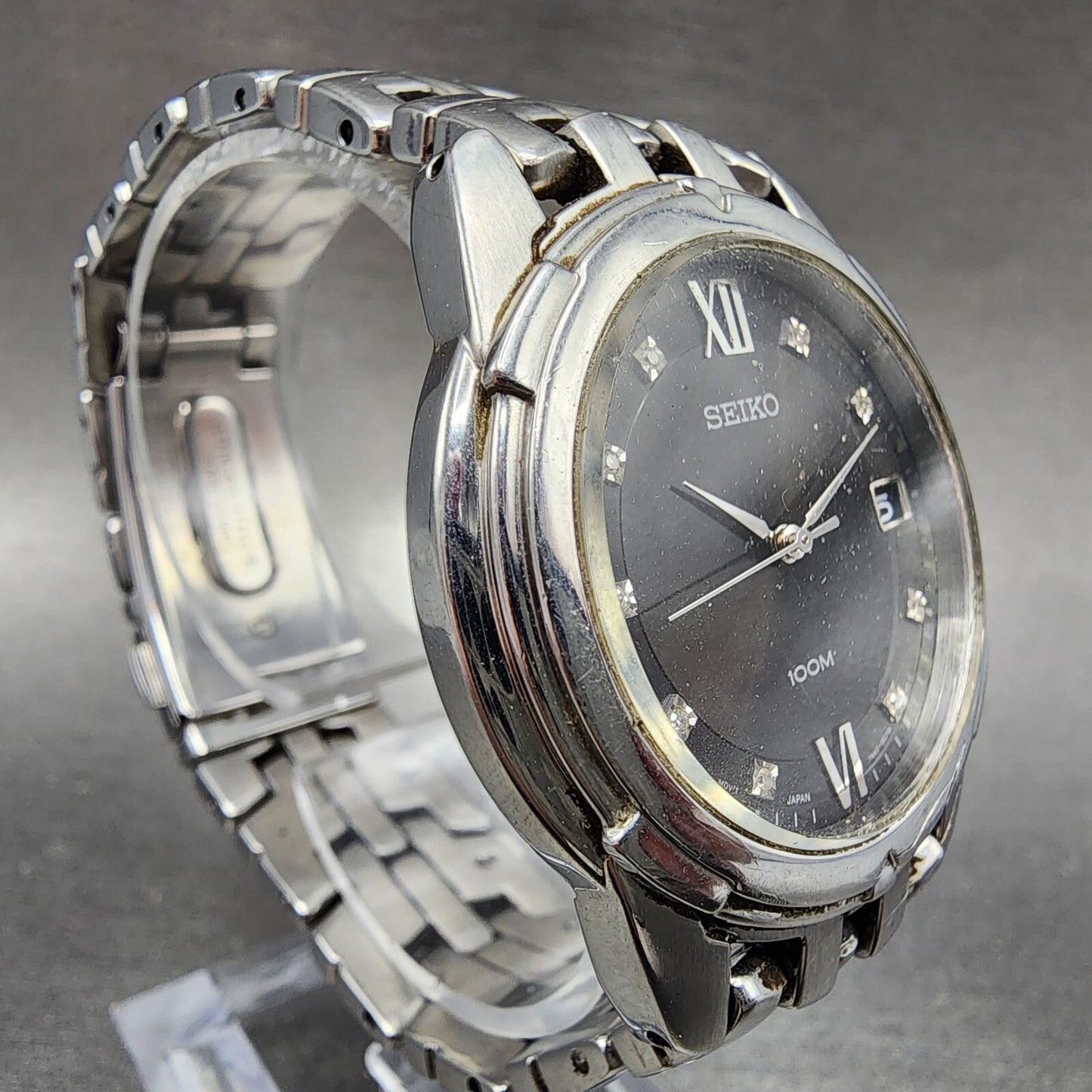 Seiko Watch Men 36mm Black Dial Silver Tone Date Round 7n42-0am0 New Battery