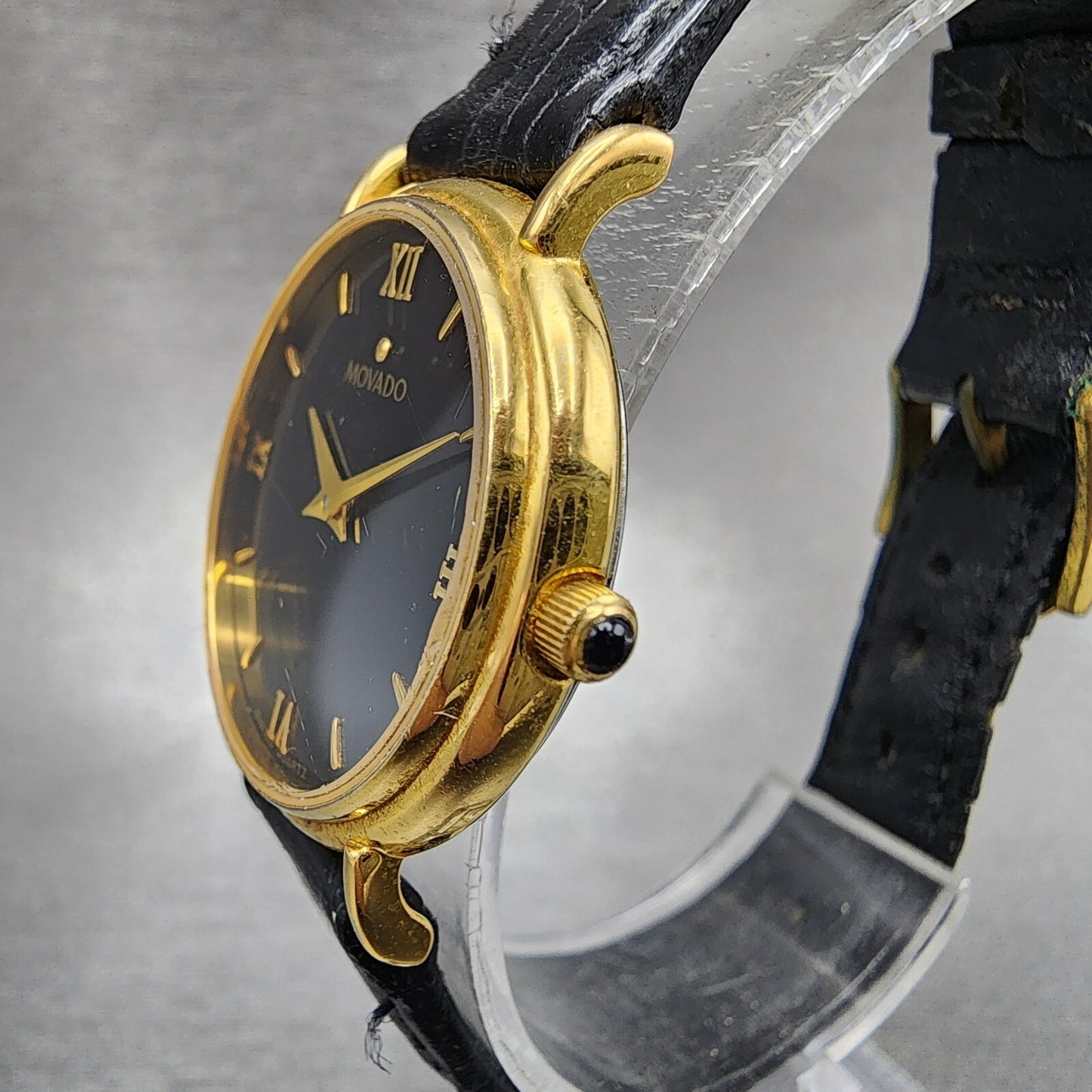 Movado Watch Women 28mm Black Dial Gold Tone Round 87.66.835 New Battery VTG