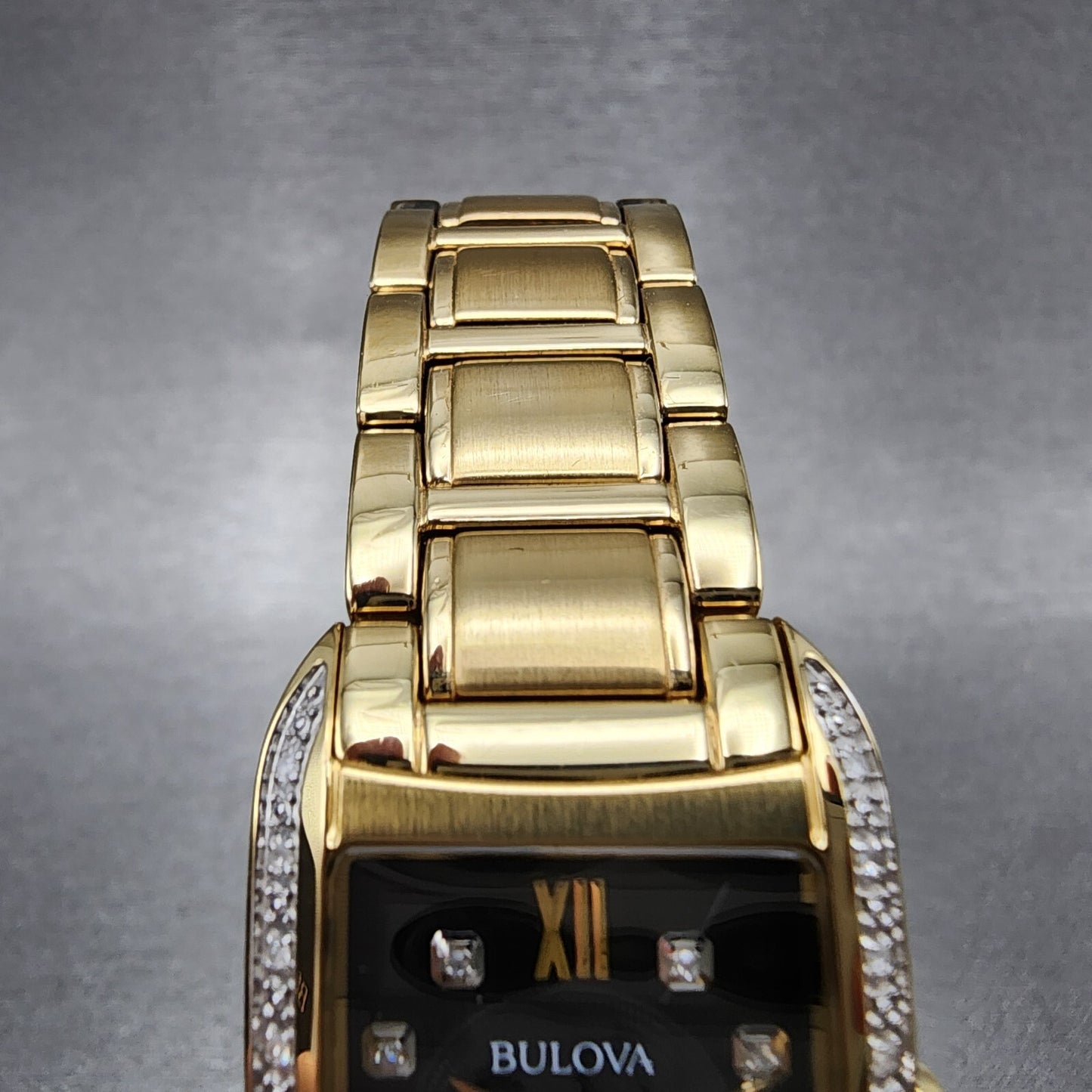 Bulova Sutton Tank Watch Women Black Dial Gold Tone Diamond Bezel New Battery