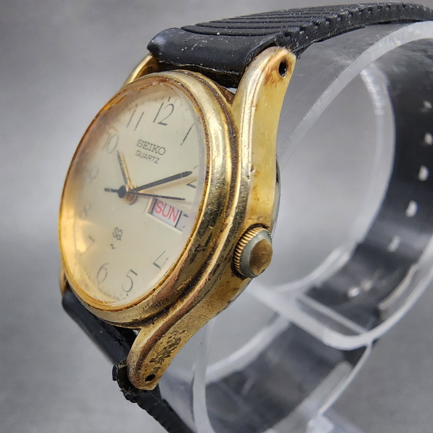 VTG Seiko SQ Watch Women 23mm Champagne Dial Gold Tone Daydate Round New Battery