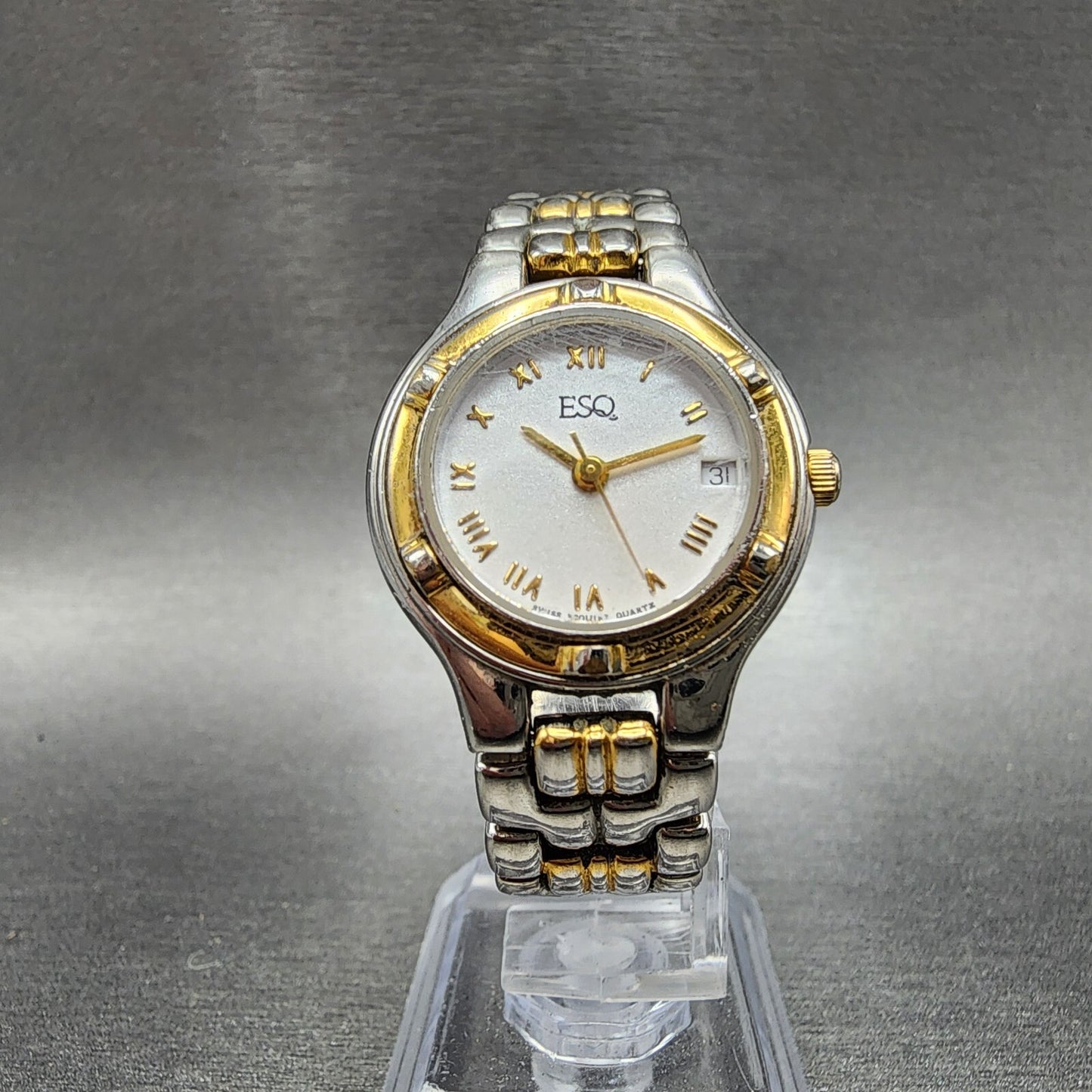 ESQ Watch Women 27mm Silver Dial Two Tone Date Round New Battery Vintage