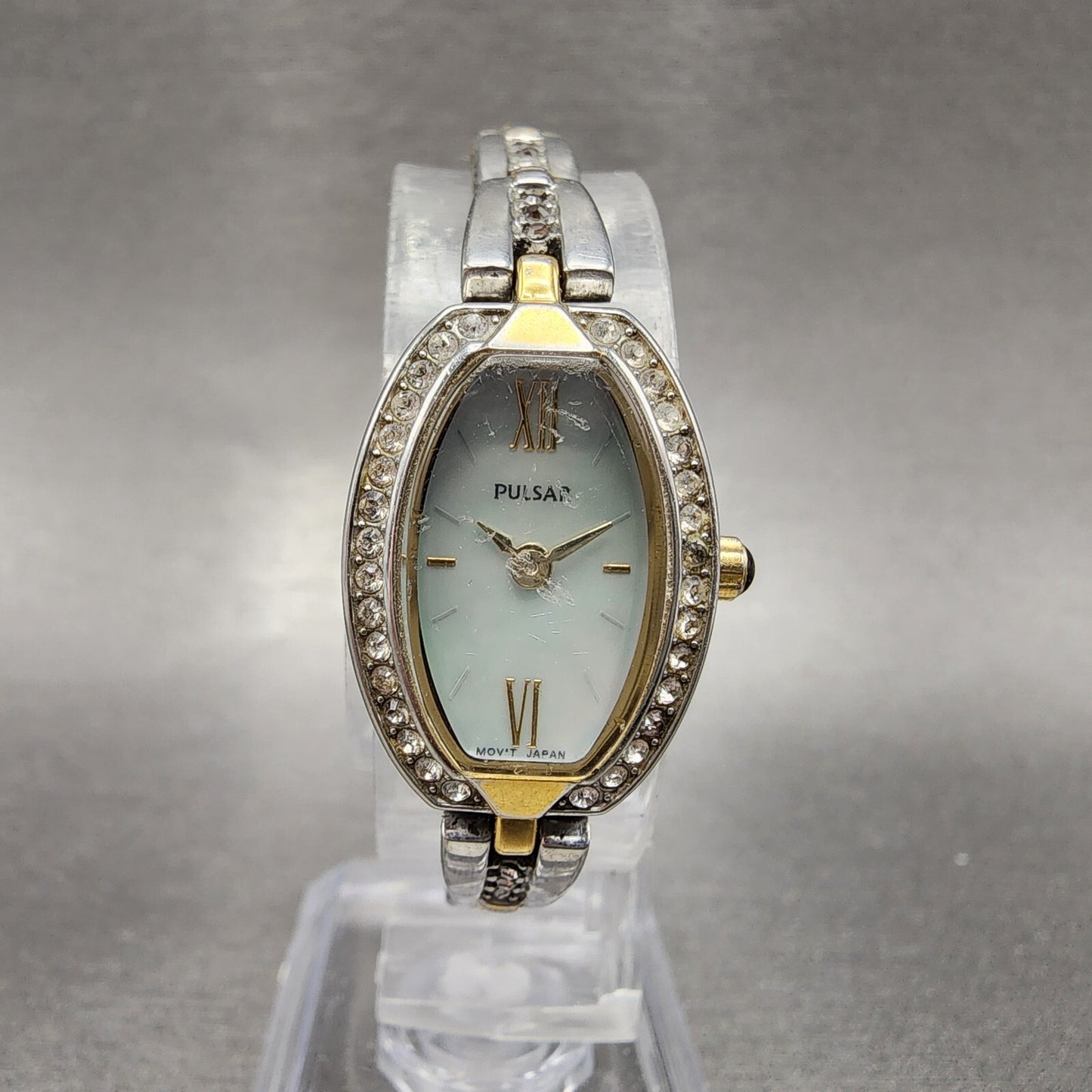 Pulsar Watch Women 17mm MOP Dial Two Tone Tonneau 1N00-X185 New Battery