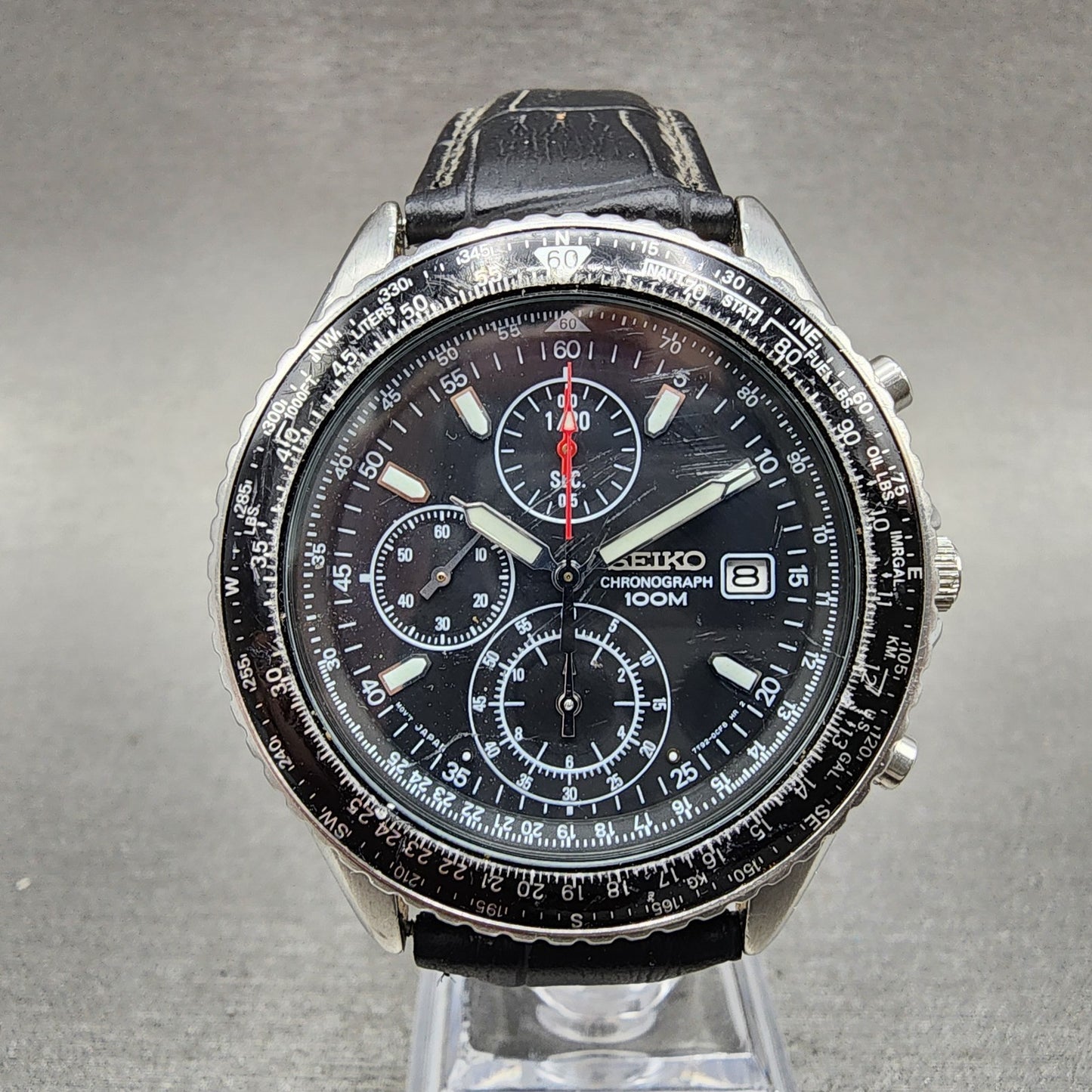 Seiko Flightmaster Chronograph Watch Men 41mm Black Dial Silver Tone Date NewBat
