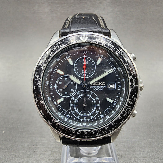 Seiko Flightmaster Chronograph Watch Men 41mm Black Dial Silver Tone Date NewBat