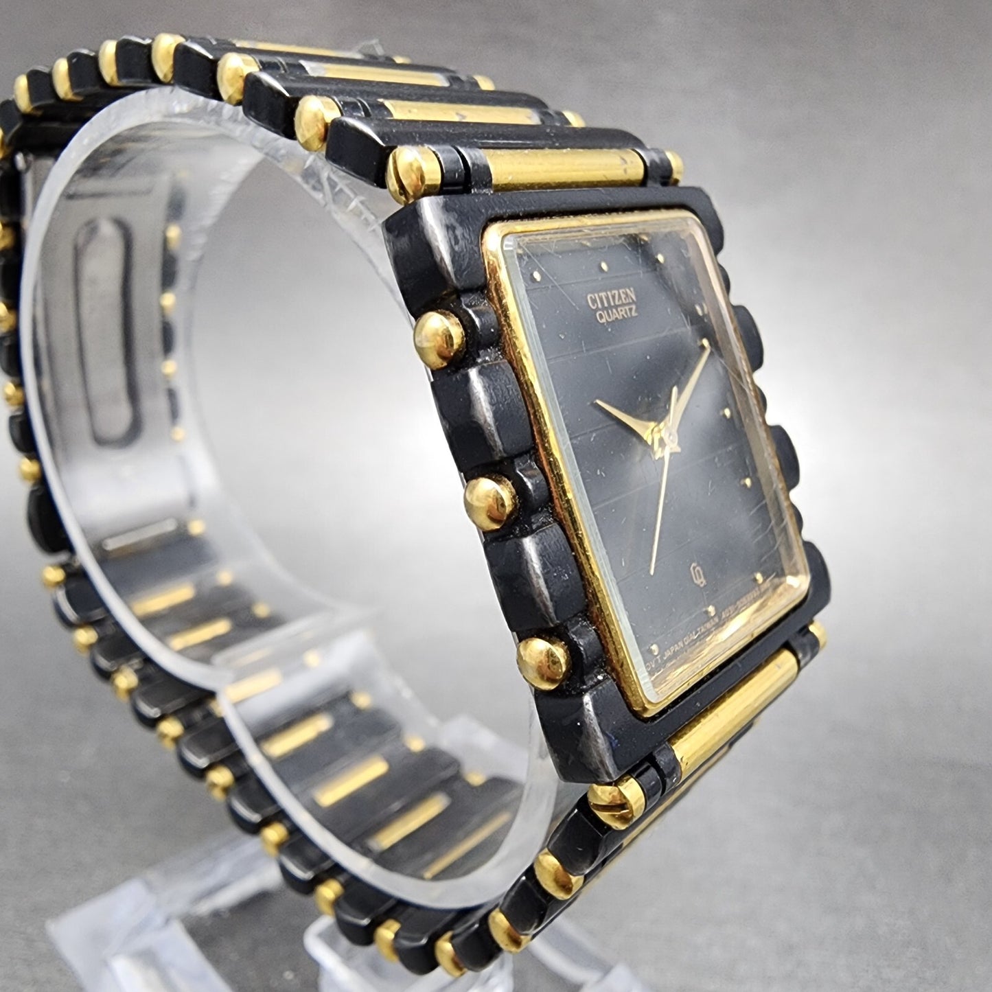 Citizen CQ Tank Watch Men 25mm Black Dial Two Tone Rectangle 2830-998851 New Bat