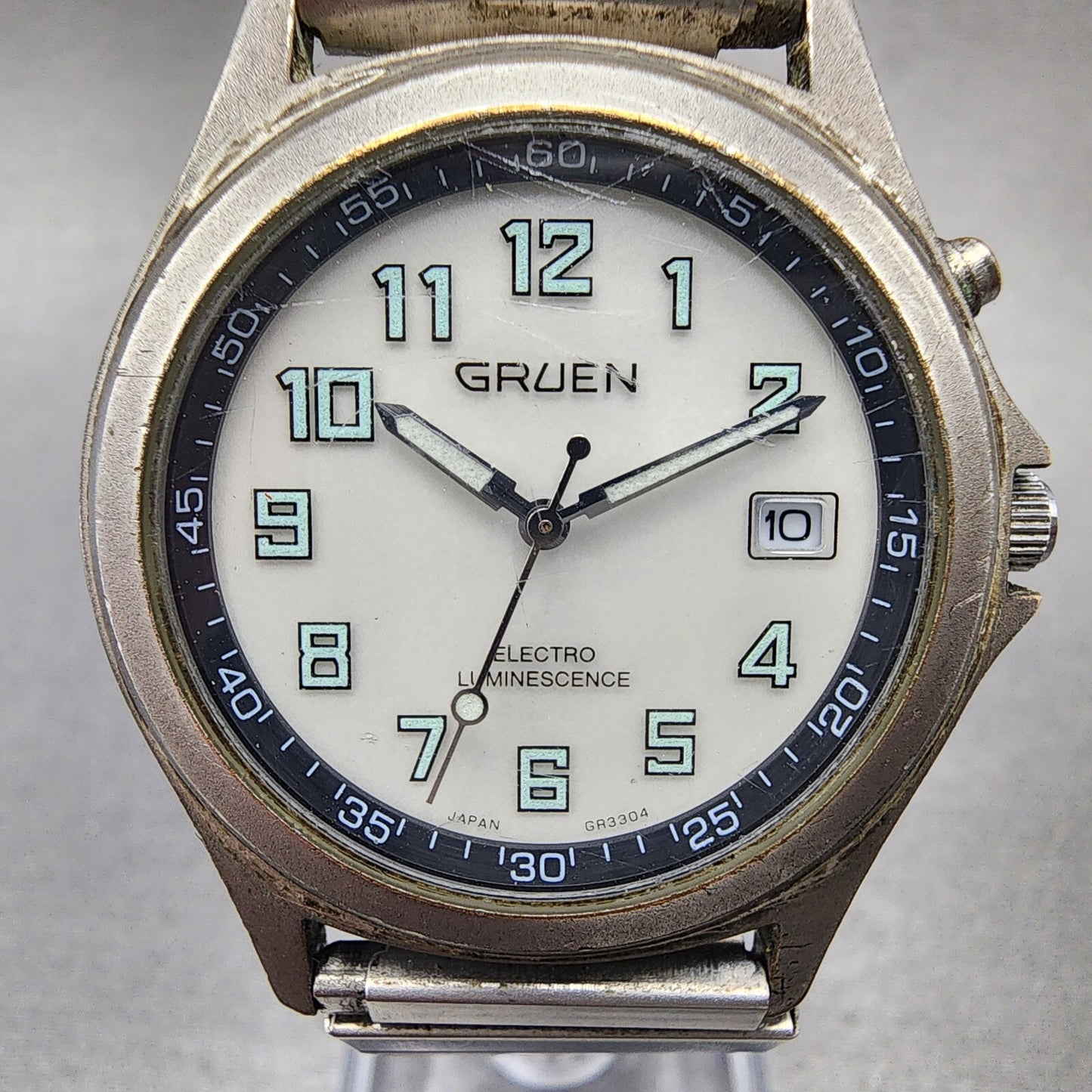 Gruen Watch Men 35mm White Dial Gray Tone Date backlight Round New Battery