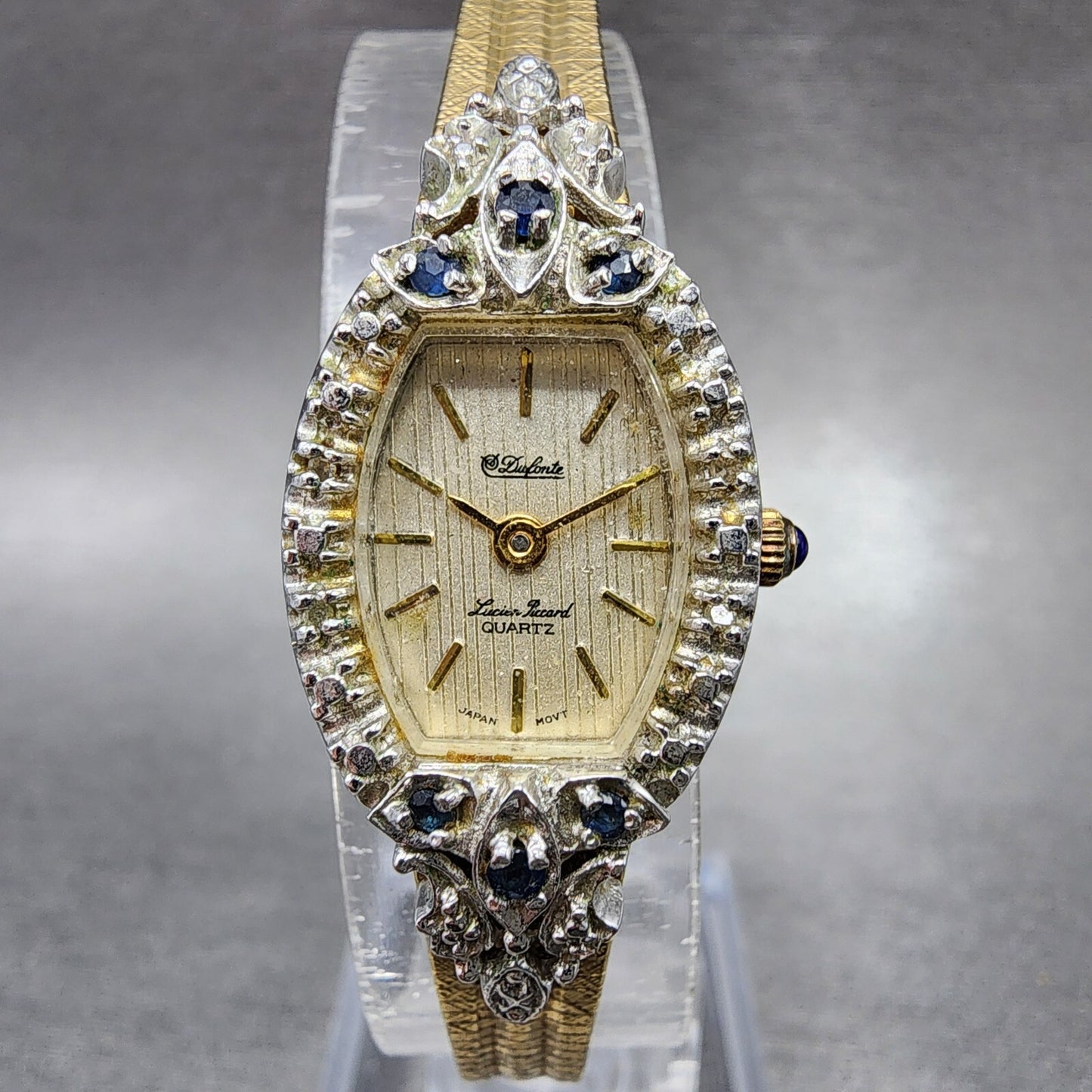 Lucien Piccard Dufonte Watch Women 16mm Champagne Dial Gold Tone Sapphire Bezel