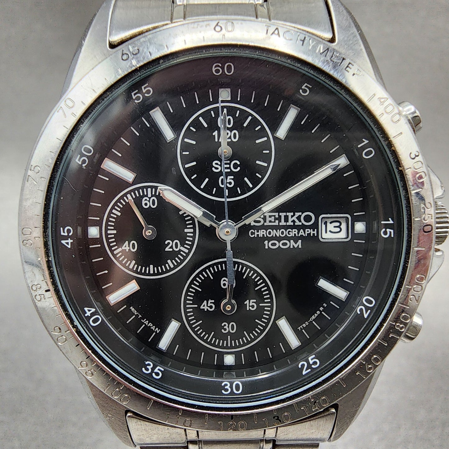 Seiko Chronograph Watch Men 38mm Black Dial Silver Tone Date 7t92-0dw0 New Batt