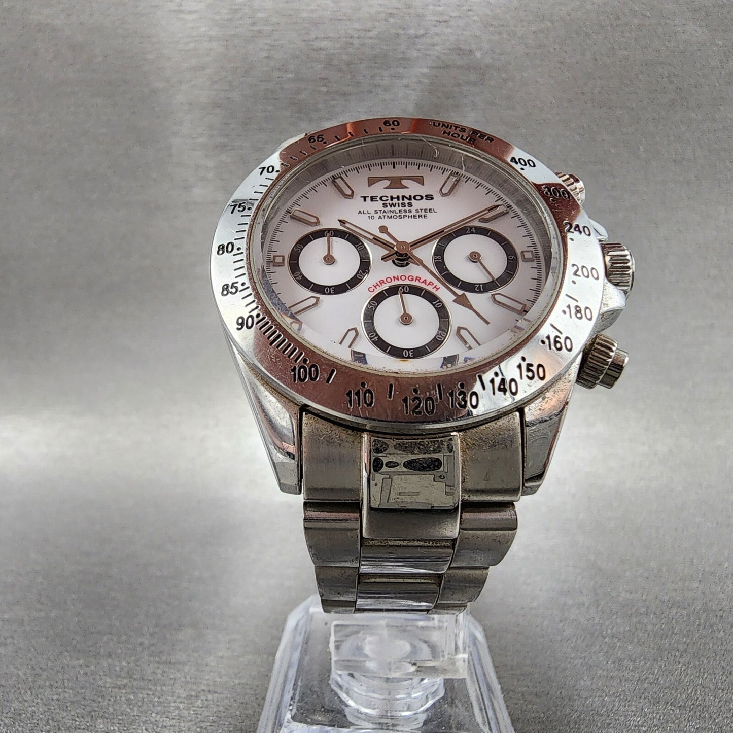 Technos Chronograph Watch Men 39mm White Dial Steel Round TGM615 New Battery