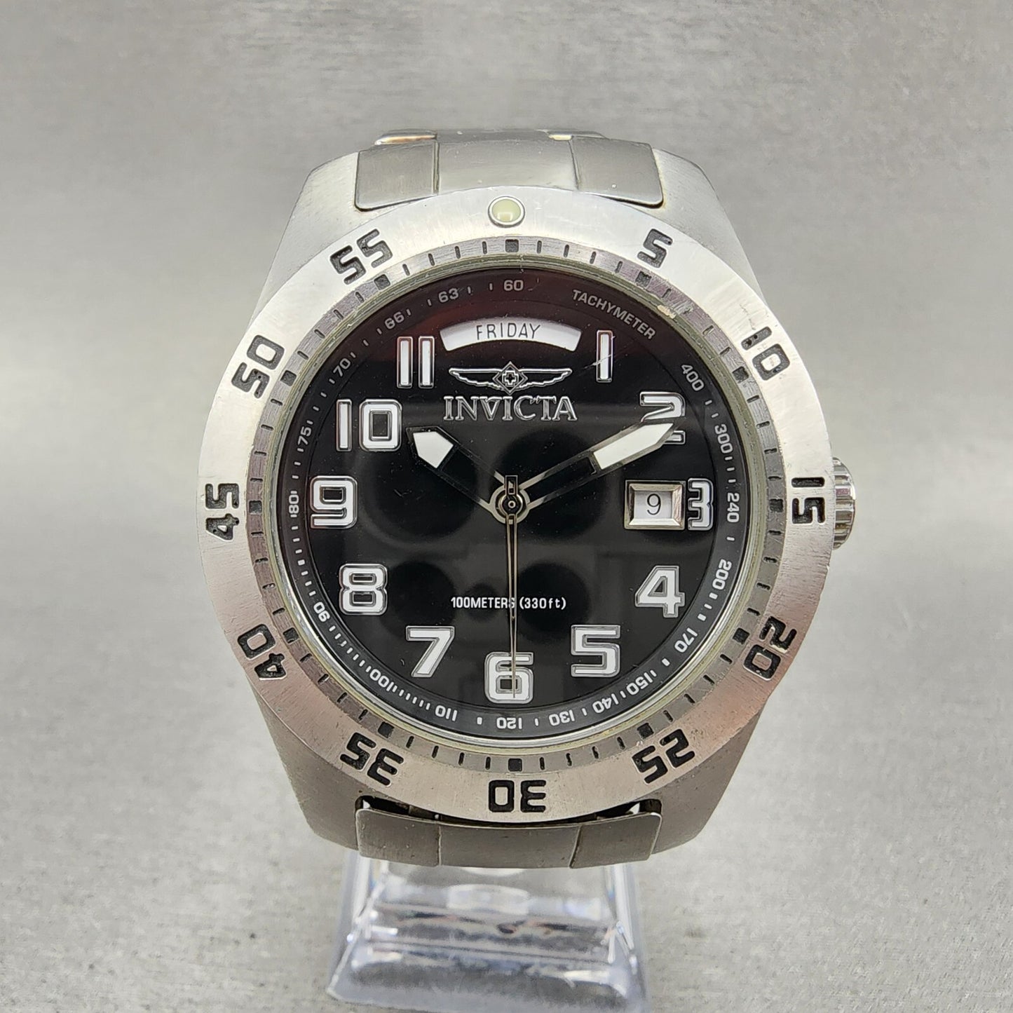 Invicta Watch Men 44mm Black Dial Silver Tone Daydate Round New Battery