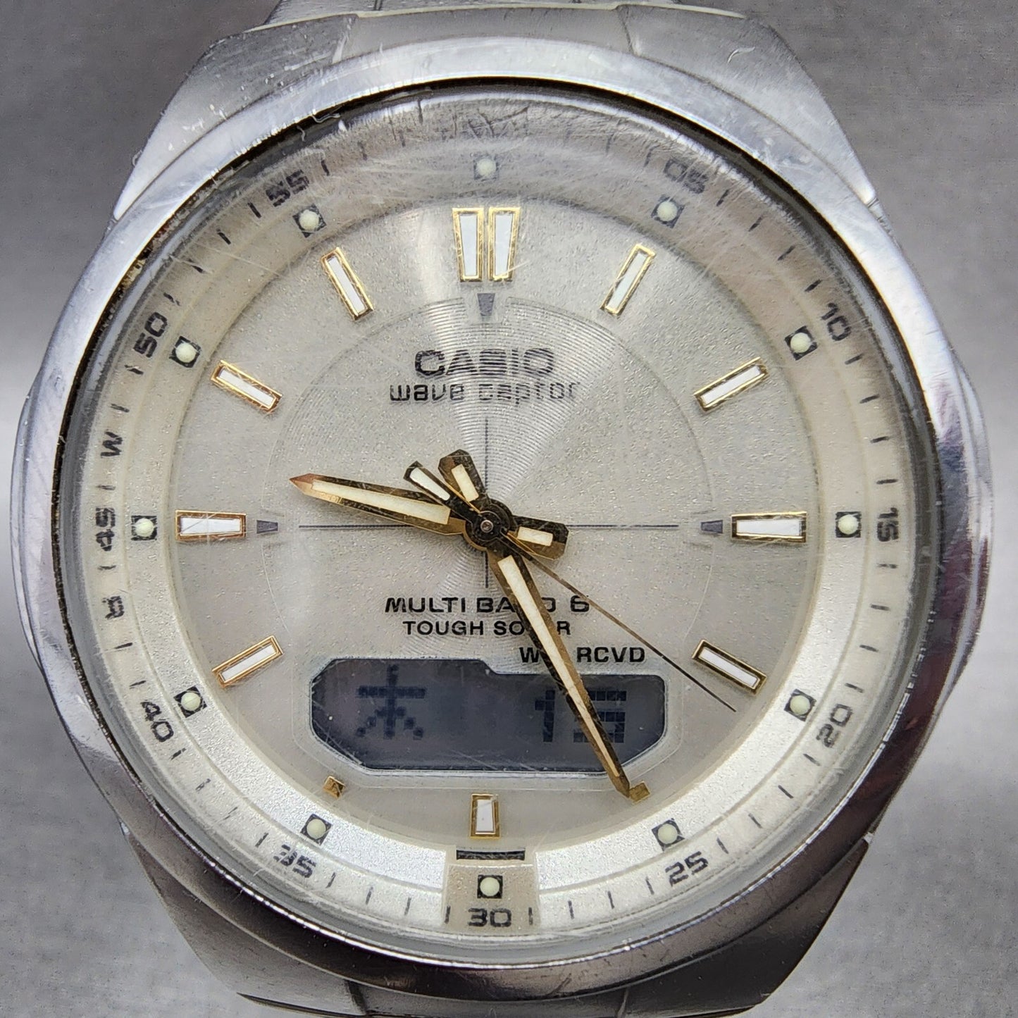 Casio Wave Ceptor Solar Watch Men 42mm White Dial Analog Digital Steel Runs