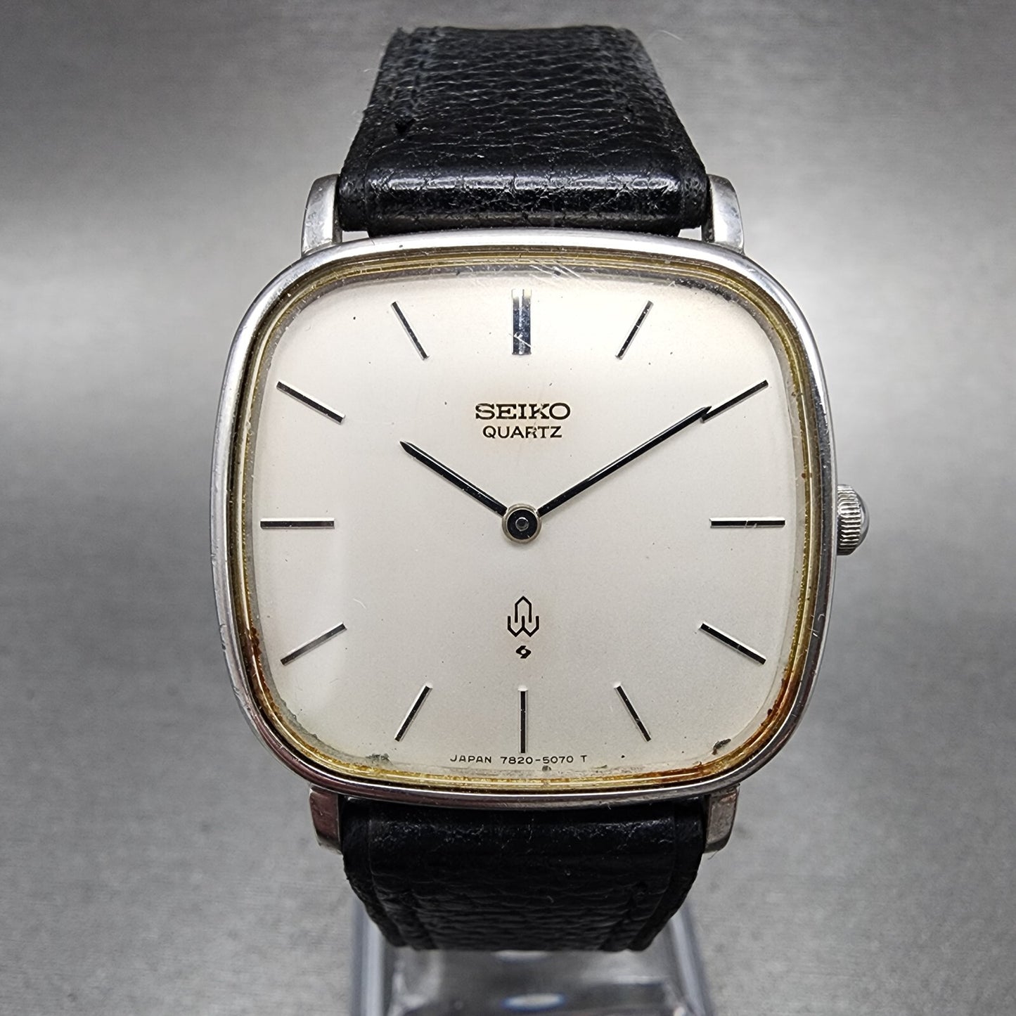 Seiko Watch Men 30mm White Dial Silver Tone Rectangle 7820-5050 New Battery VTG