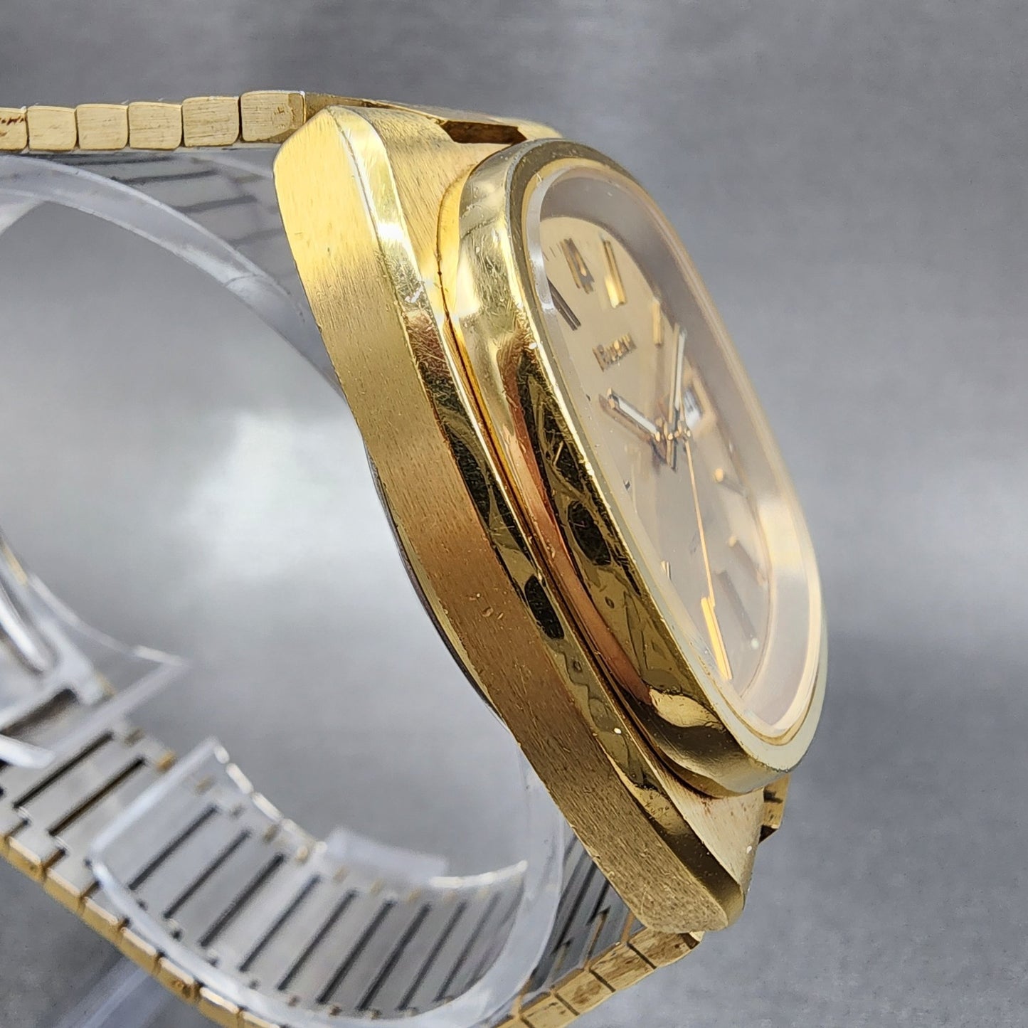 Bulova Automatic Watch Men 36mm Gold Dial Gold Tone Daydate TV Rectangle Runs