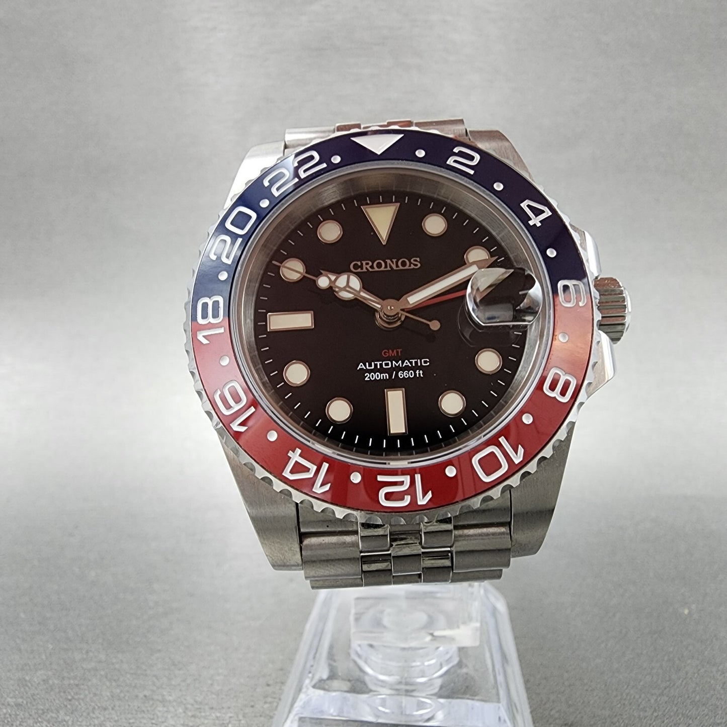 Cronos Pepsi GMT Watch Men 41mm Black Dial Steel Date Automatic Round Runs