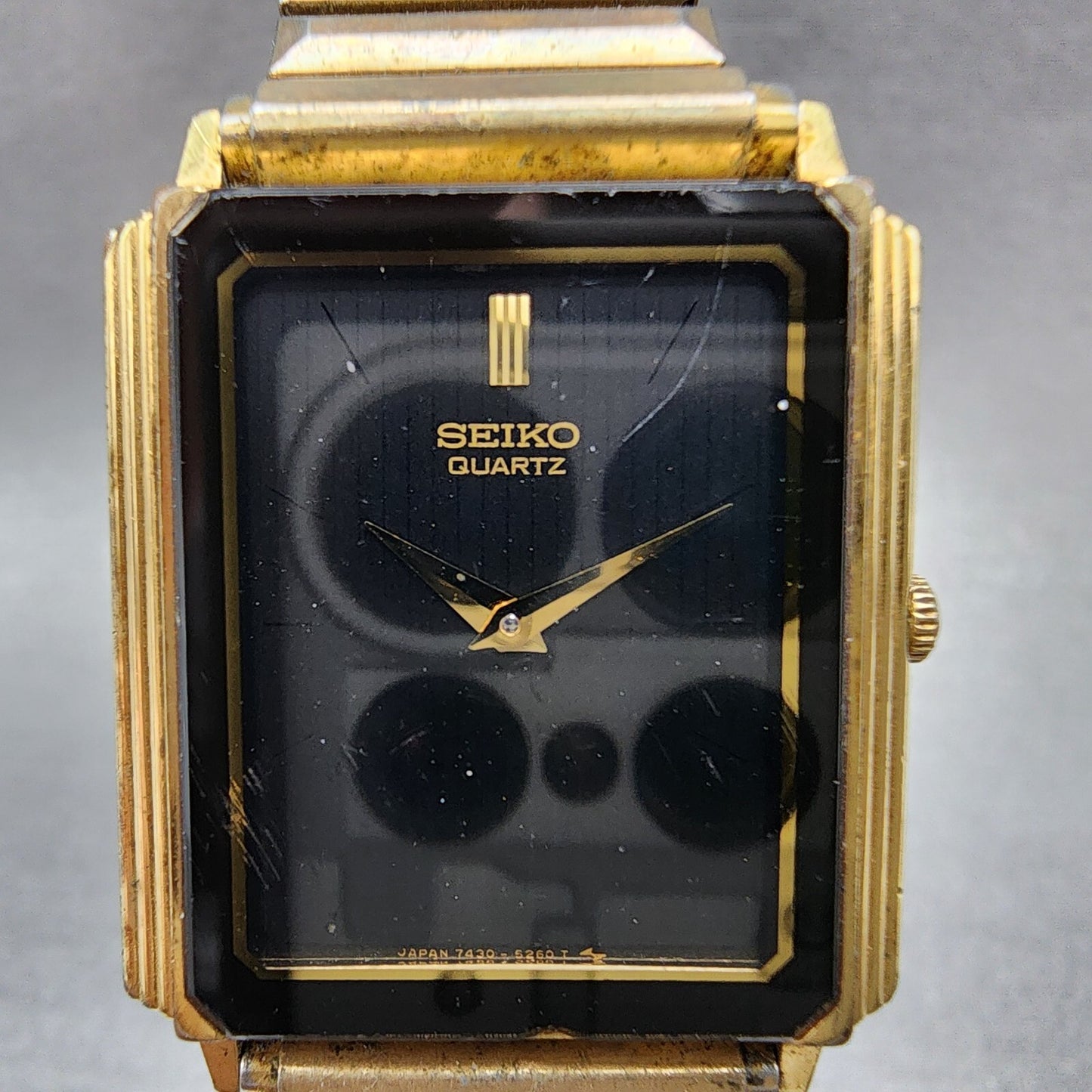 Seiko Tank Watch Men 26mm Black Dial Gold Tone Rectangle 7430-5169 New Battery