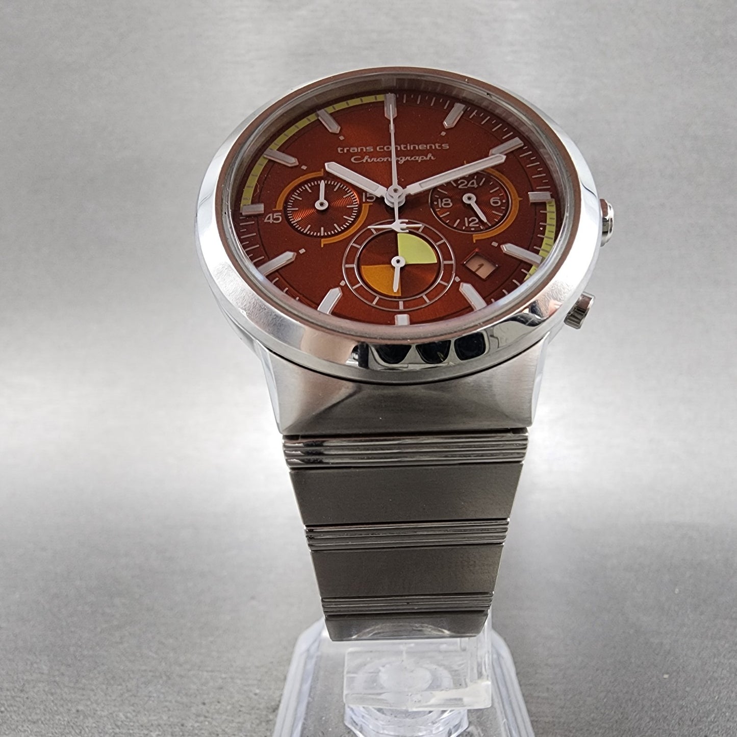 Trans Continents Chronograph Watch Men 38mm Orange Dial Silver Tone Date New Bat