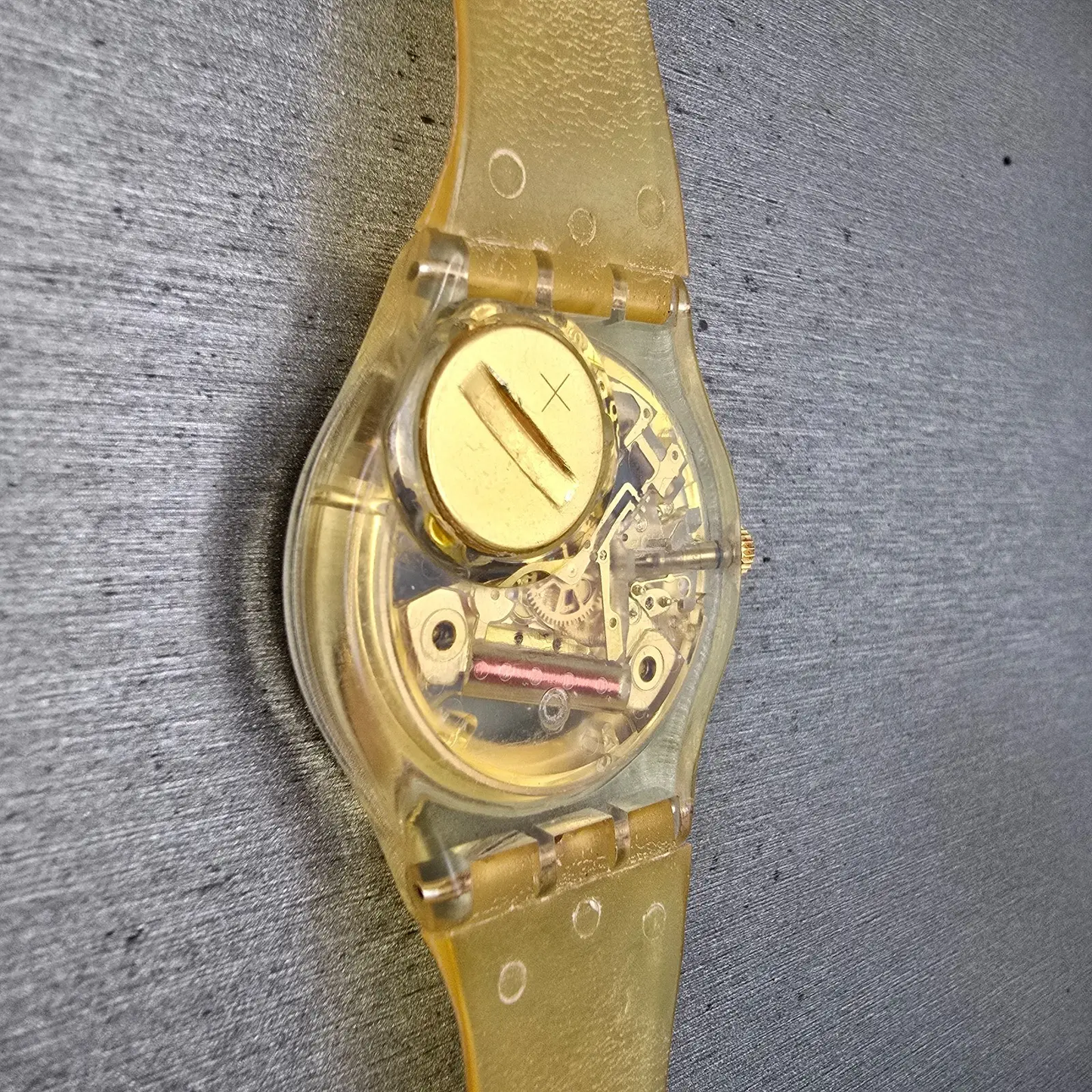 Swatch Golden Jelly Watch Men 34mm Skeleton Dial Clear Case READ! GZ115 New Batt15