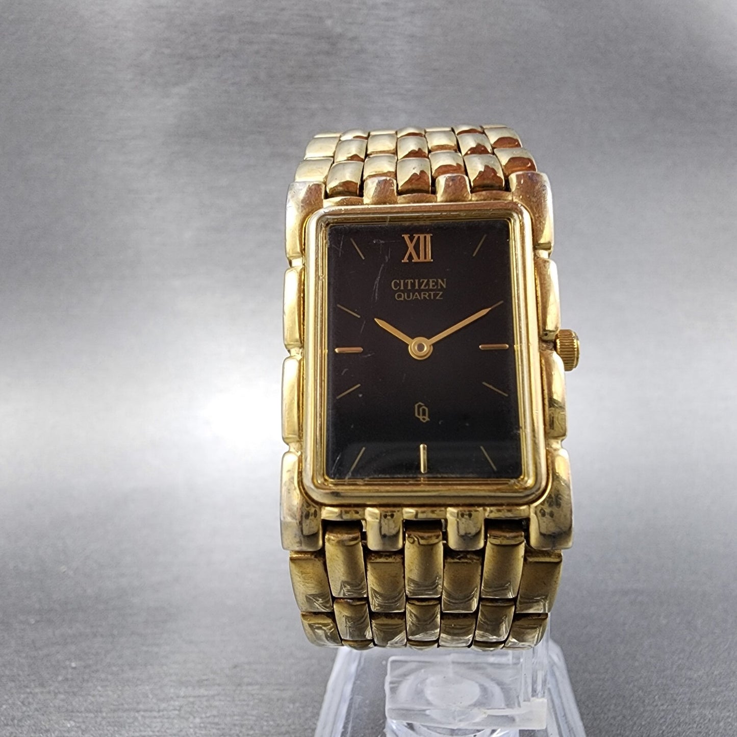 Citizen CQ Tank Watch Men 23mm Black Dial Gold Tone Rectangle New Battery
