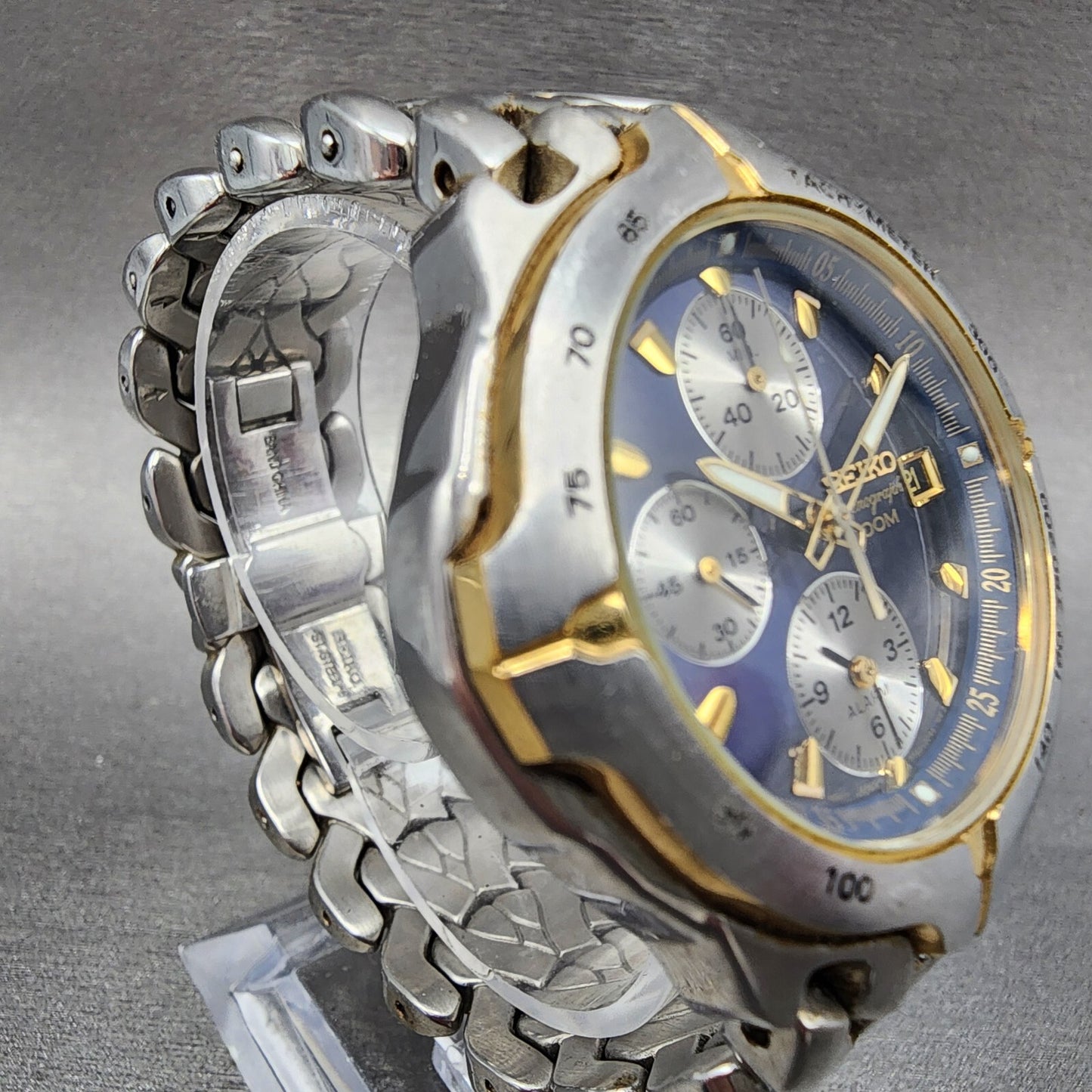 Seiko Chronograph Watch Men 38mm Blue Dial Two Tone Date 7t62-0ch0 New Battery