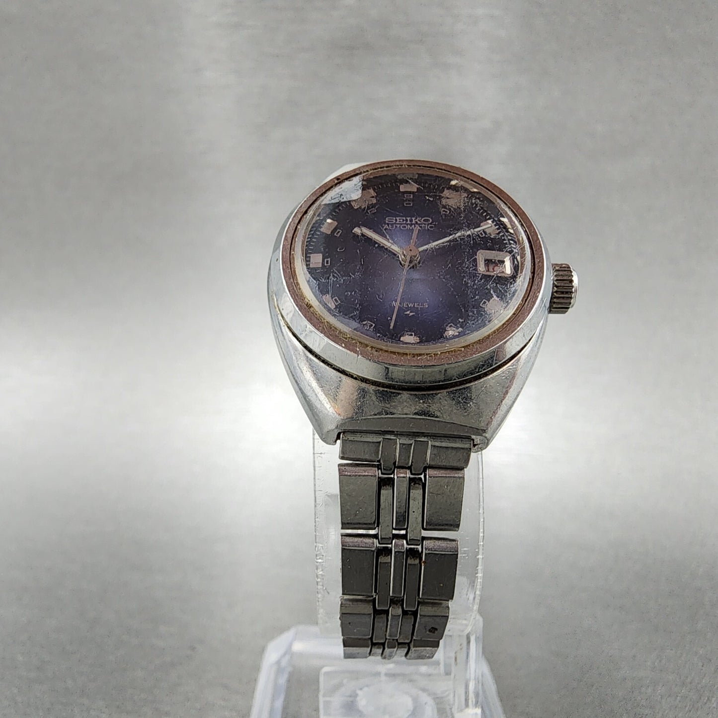 Seiko Automatic Watch Women 25mm Blue Dial Silver Tone Date 2205-0520 Runs