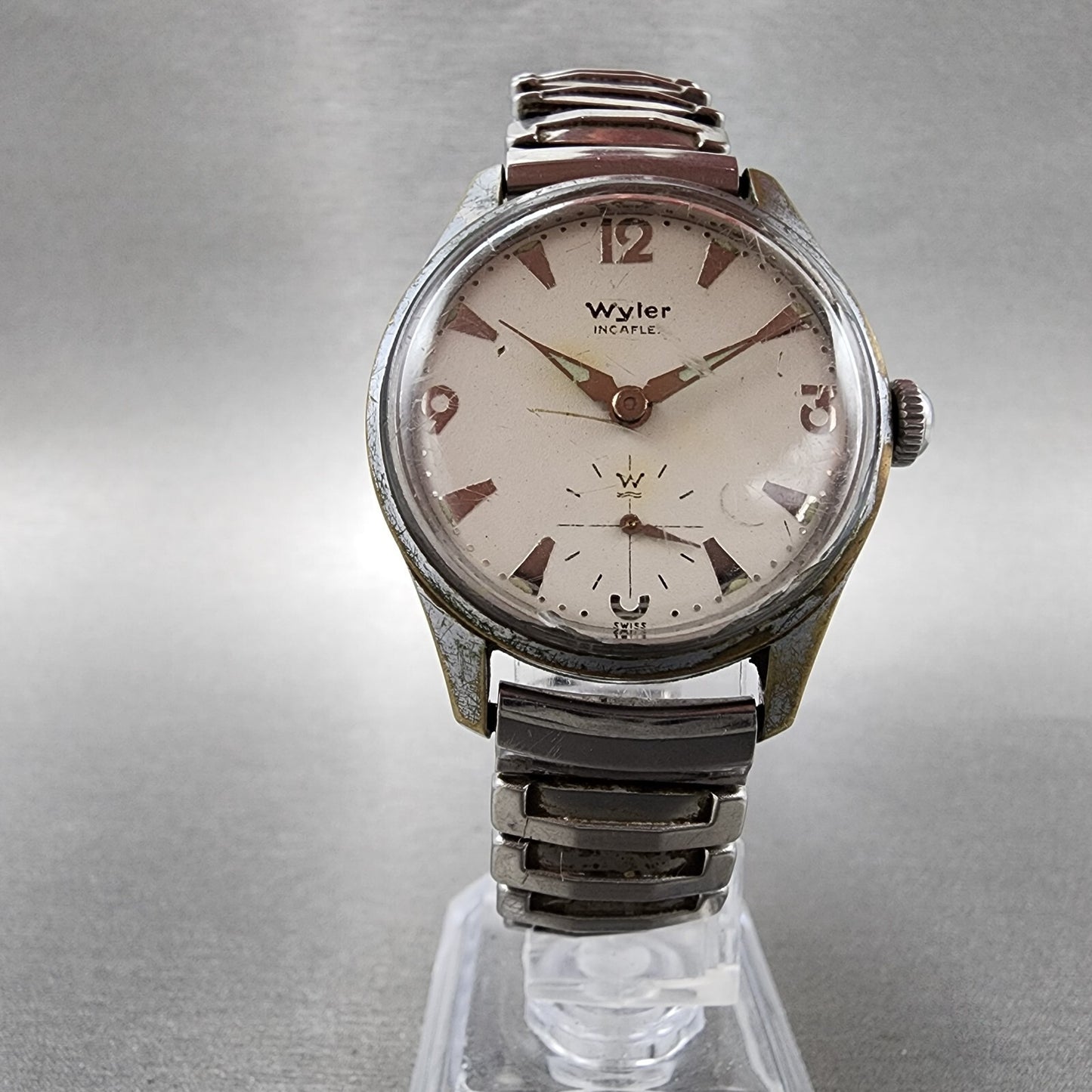 Wyler Inca flex Watch Men 32mm White Dial Silver Tone Small Seconds Manual READ!