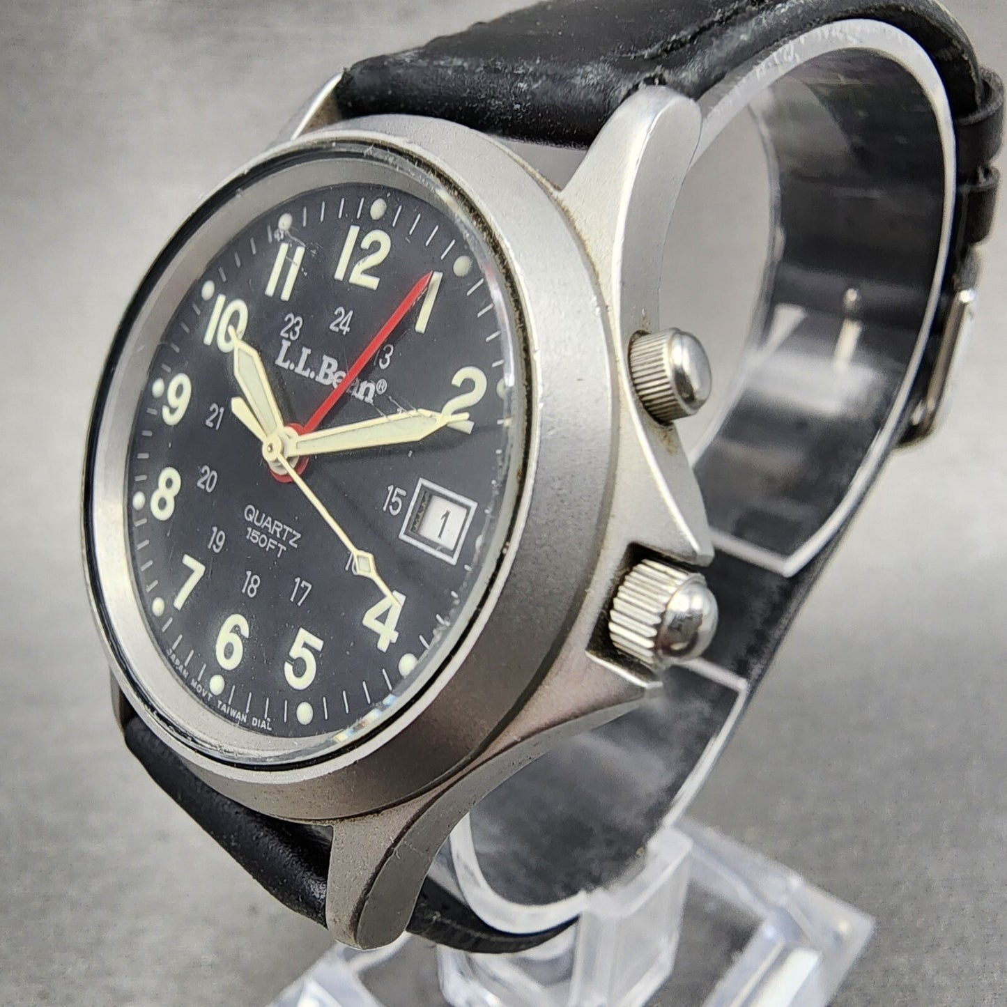 LL Bean Alarm Watch Men 34mm Black Dial Stainless Steel Date Round New Battery
