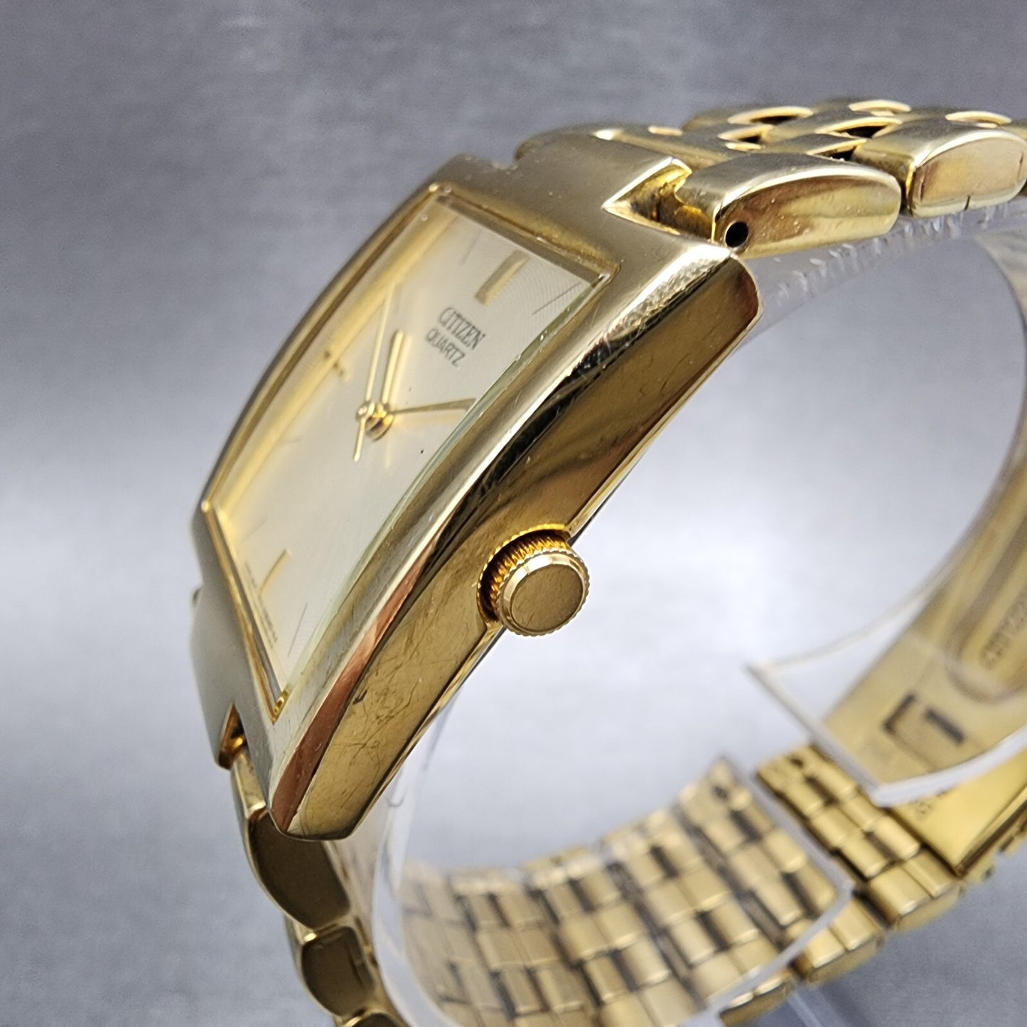 Citizen Tank Watch Men 27mm Champagne Dial Gold Tone Rectangle New Battery