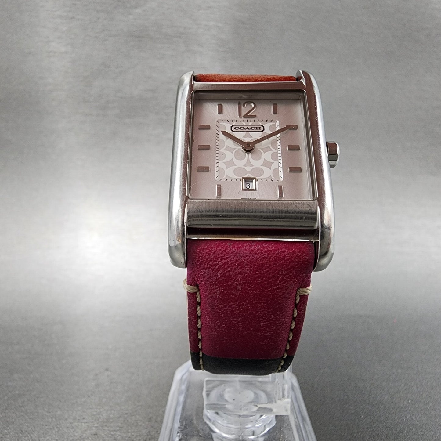 Coach Tank Watch Women 25mm Silver Dial Steel Date Rectangle Leather New Battery