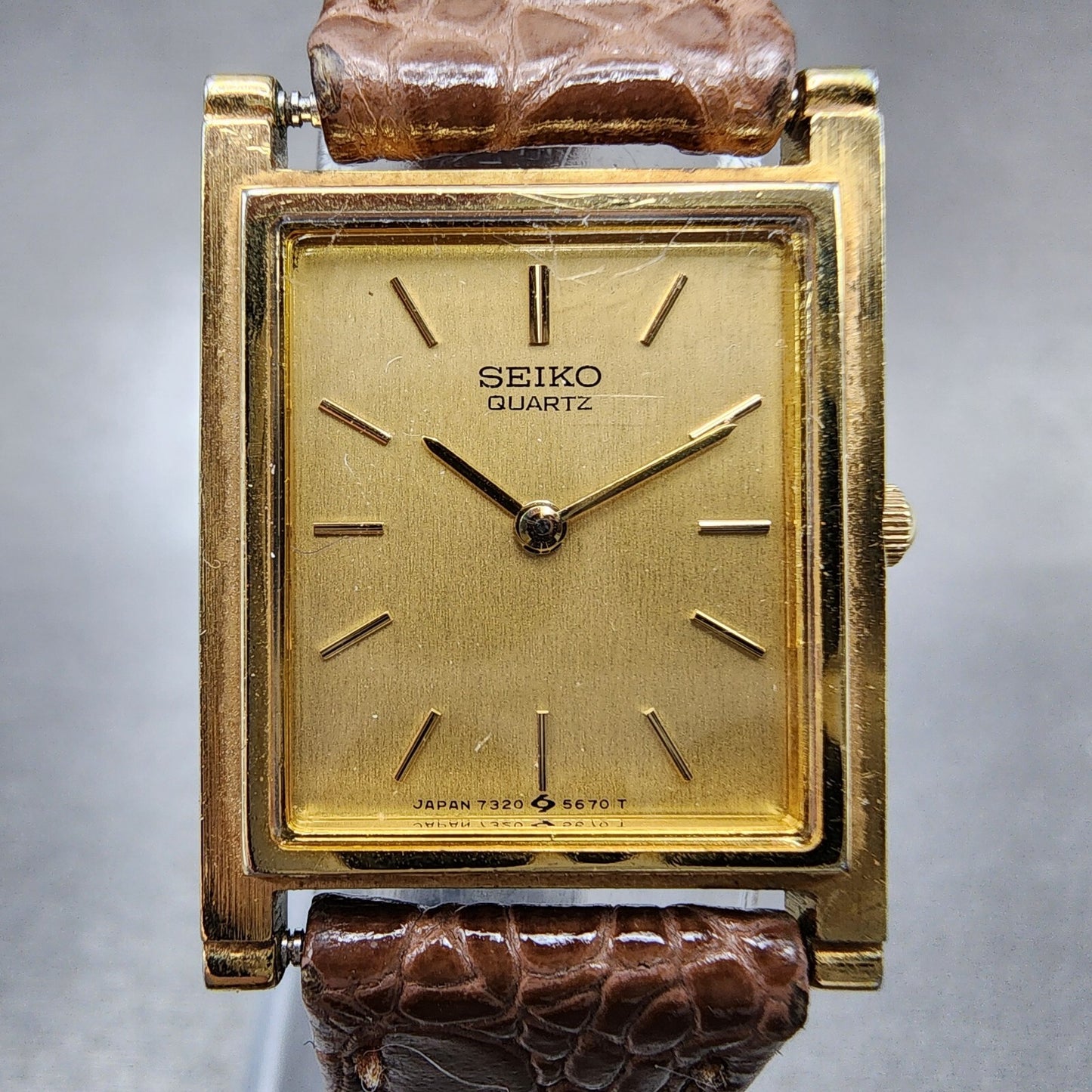 Seiko Tank Watch Women 20mm Champagne Dial Gold Tone 7320-5430 New Battery