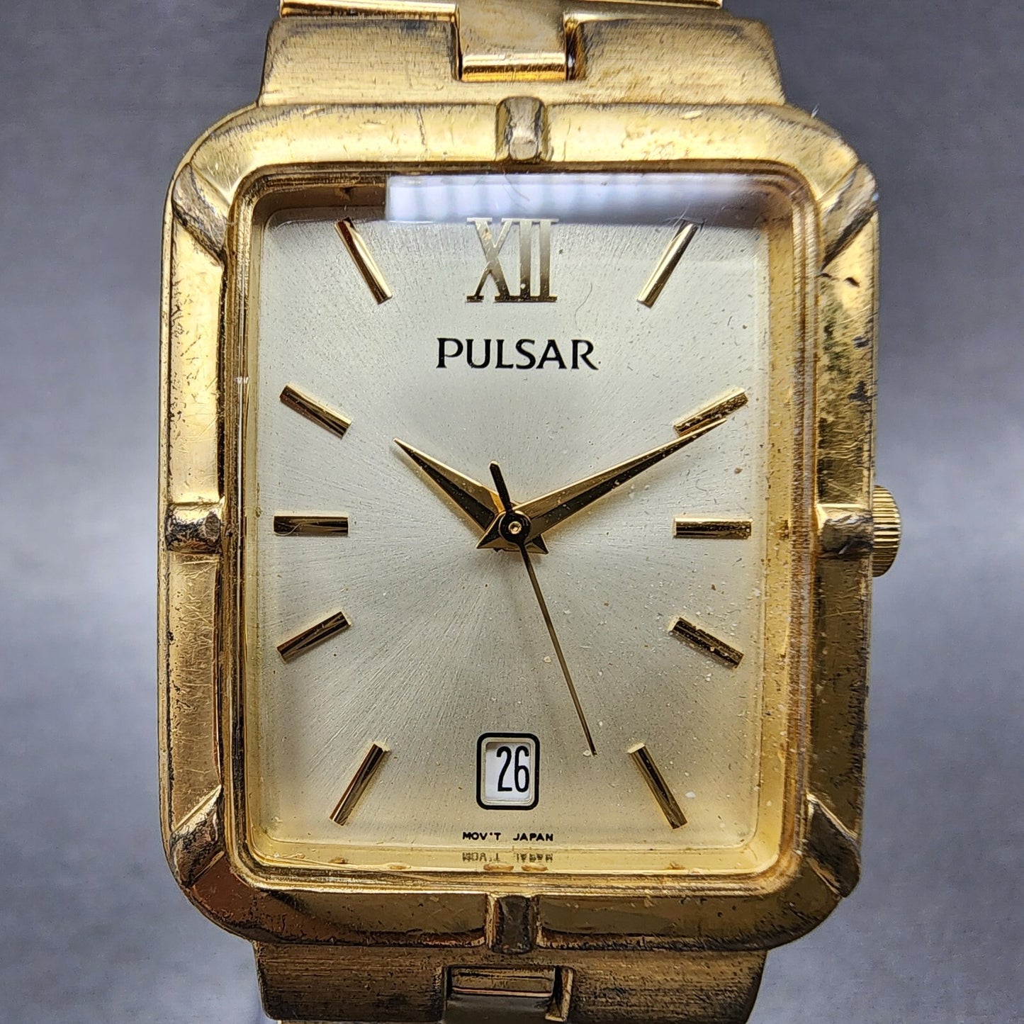 Pulsar Tank Watch Men 26mm Champagne Dial Gold Tone Date Rectangle New Battery