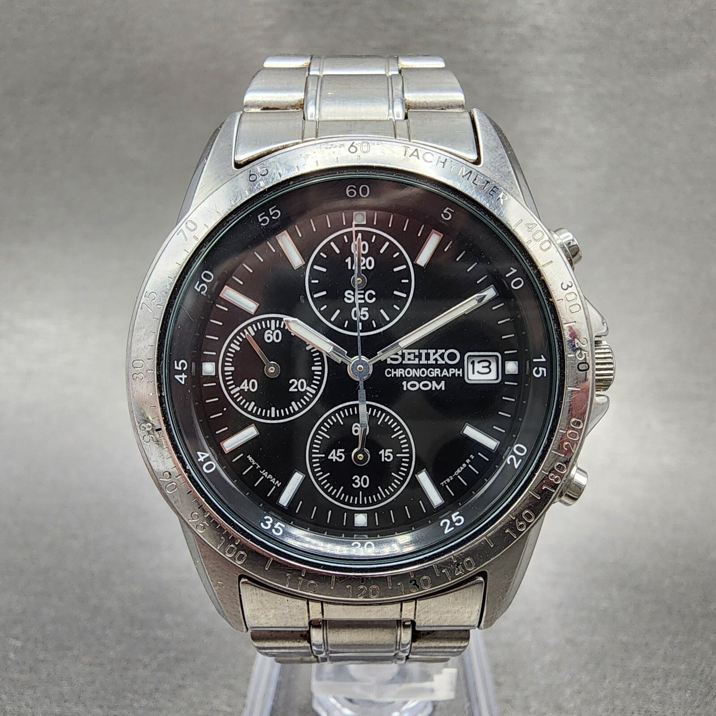 Seiko Chronograph Watch Men 38mm Black Dial Silver Tone Date 7t92-0dw0 New Batt