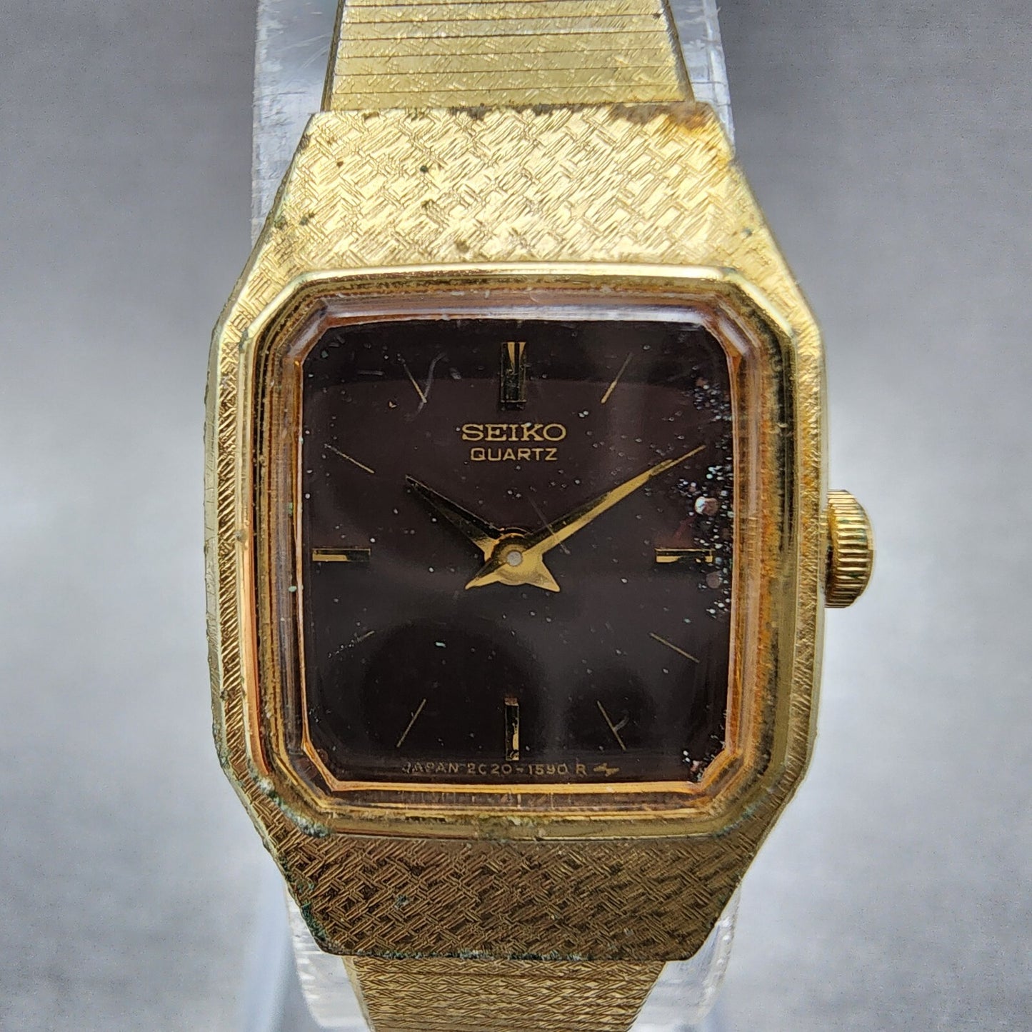 Seiko Watch Women 16mm Brown Dial Gold Tone Rectangle 2C20-5789 New Battery VTG