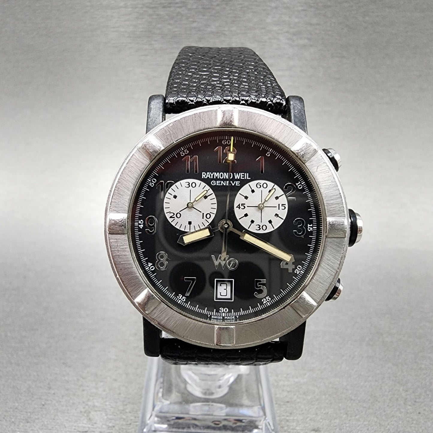 Raymond Weil W1 Chronograph Watch Men 38mm Black Dial Steel Date READ!! New Batt