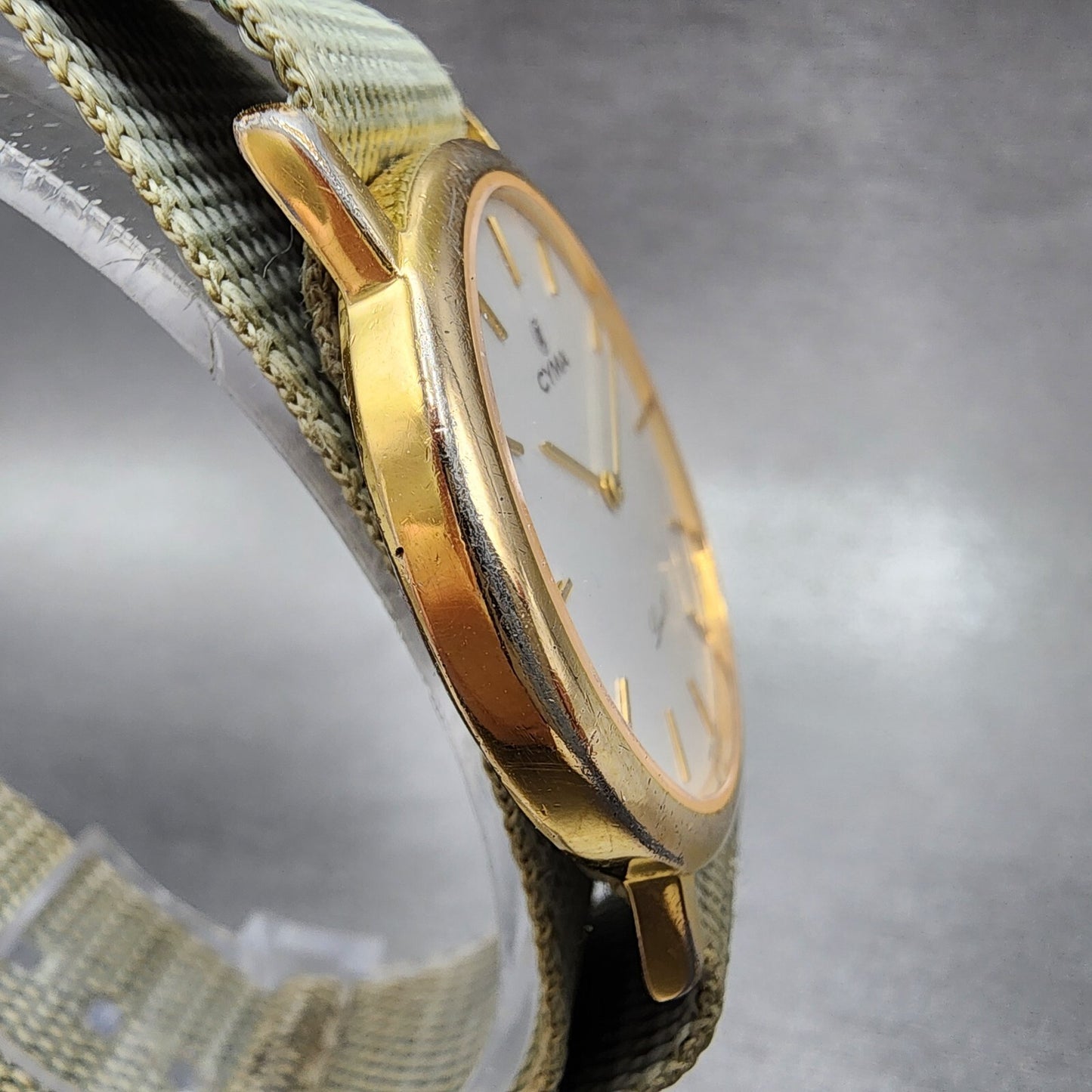 Cyma Louis XV Watch Men 32mm White Dial Gold Tone Round Nato Strap New Battery