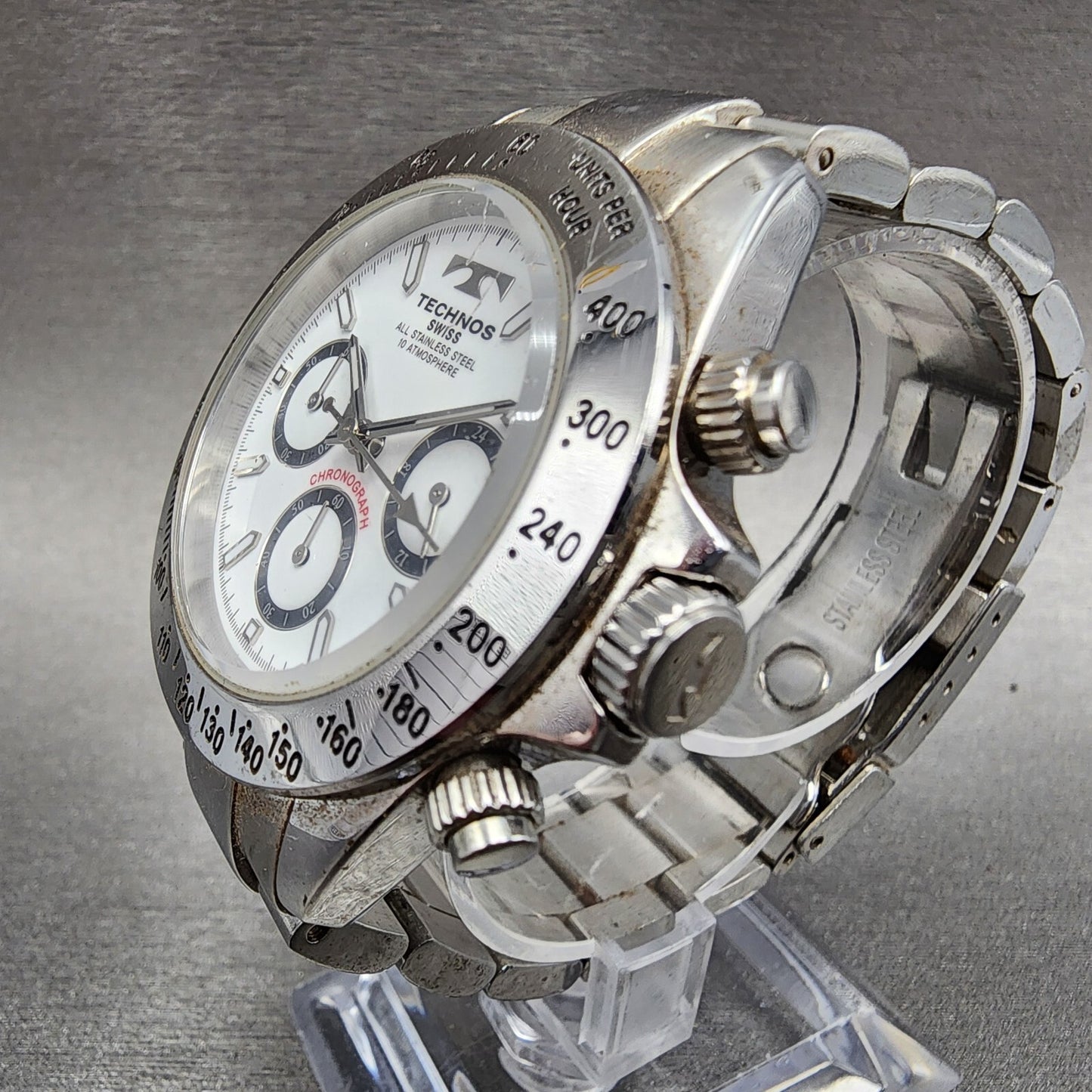 Technos Chronograph Watch Men 39mm White Dial Steel Round TGM615 New Battery