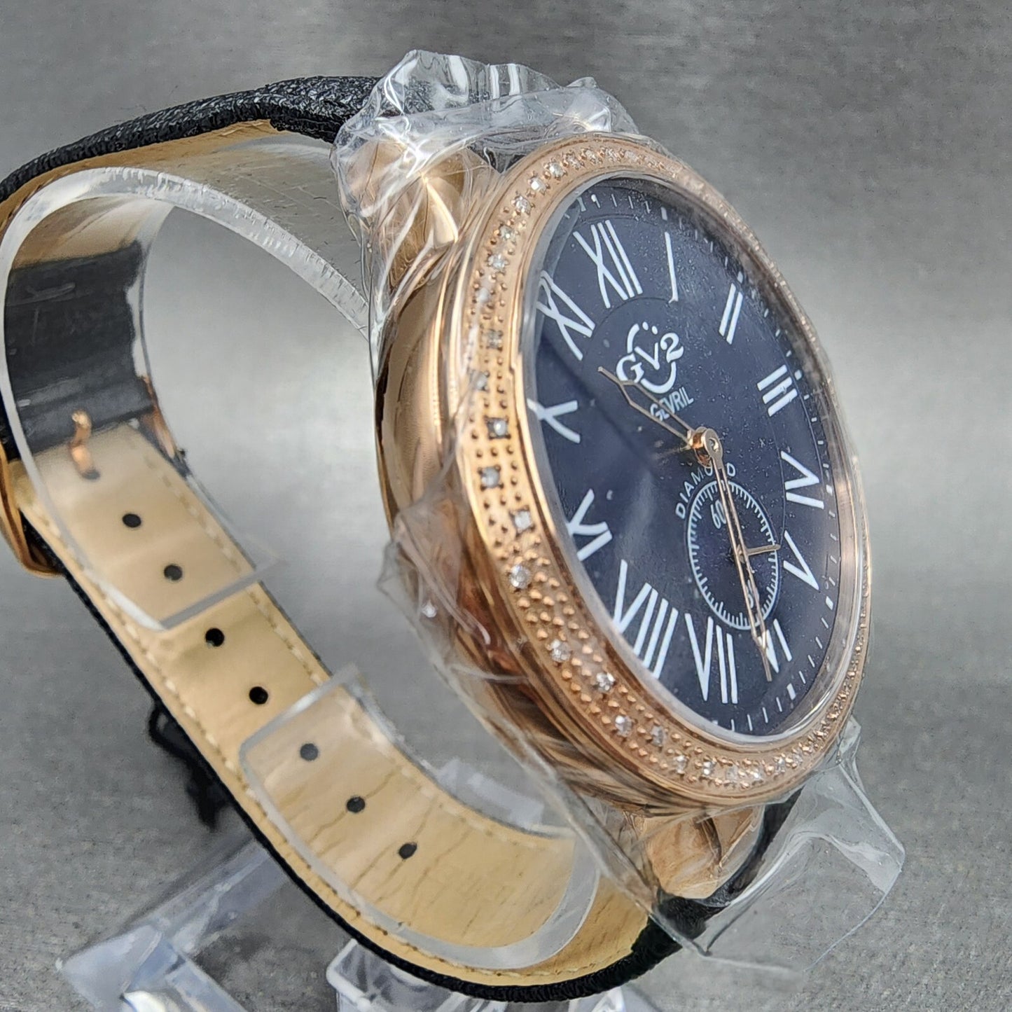 Gevril GV2 Astor Watch Women 40mm Blue Dial Rose Gold Tone Diamond Bezel 9109