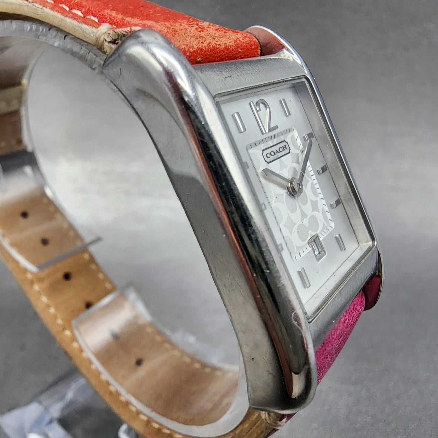 Coach Tank Watch Women 25mm Silver Dial Steel Date Rectangle Leather New Battery