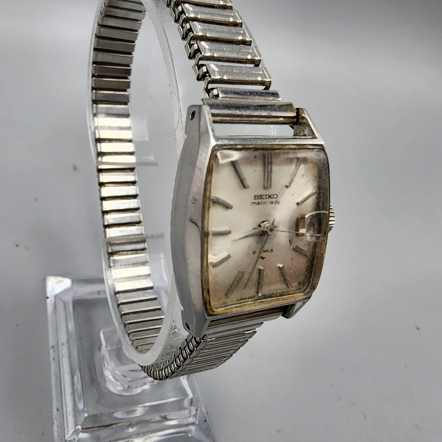Vintage Seiko Matic lady Watch women Silver Tone White Dial Date21 Jewels Works