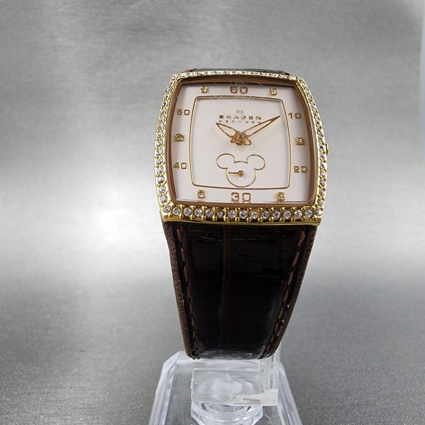 Skagen Mickey Mouse Watch Women 27mm White Dial Gold Tone Rectangle New Battery