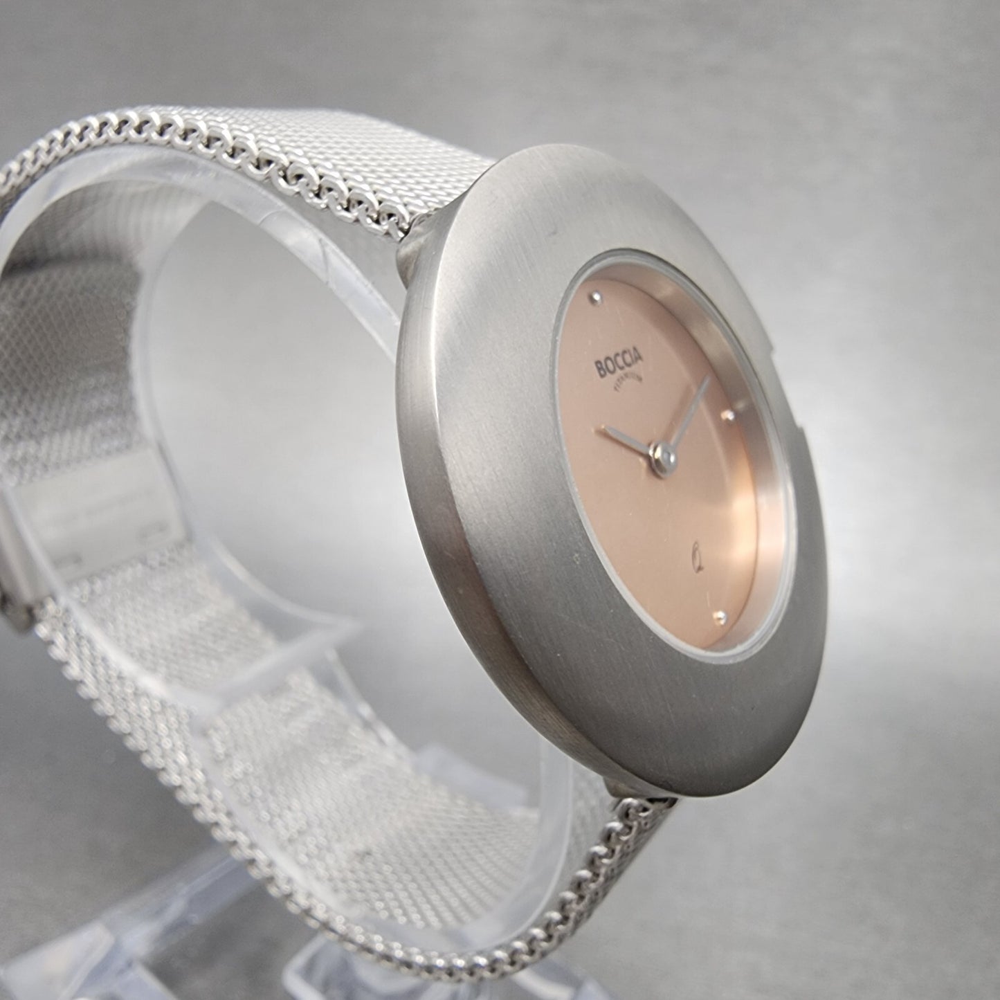 Boccia Titanium Watch Women 34mm Pink Dial Gray Case Round Mesh Band New Battery