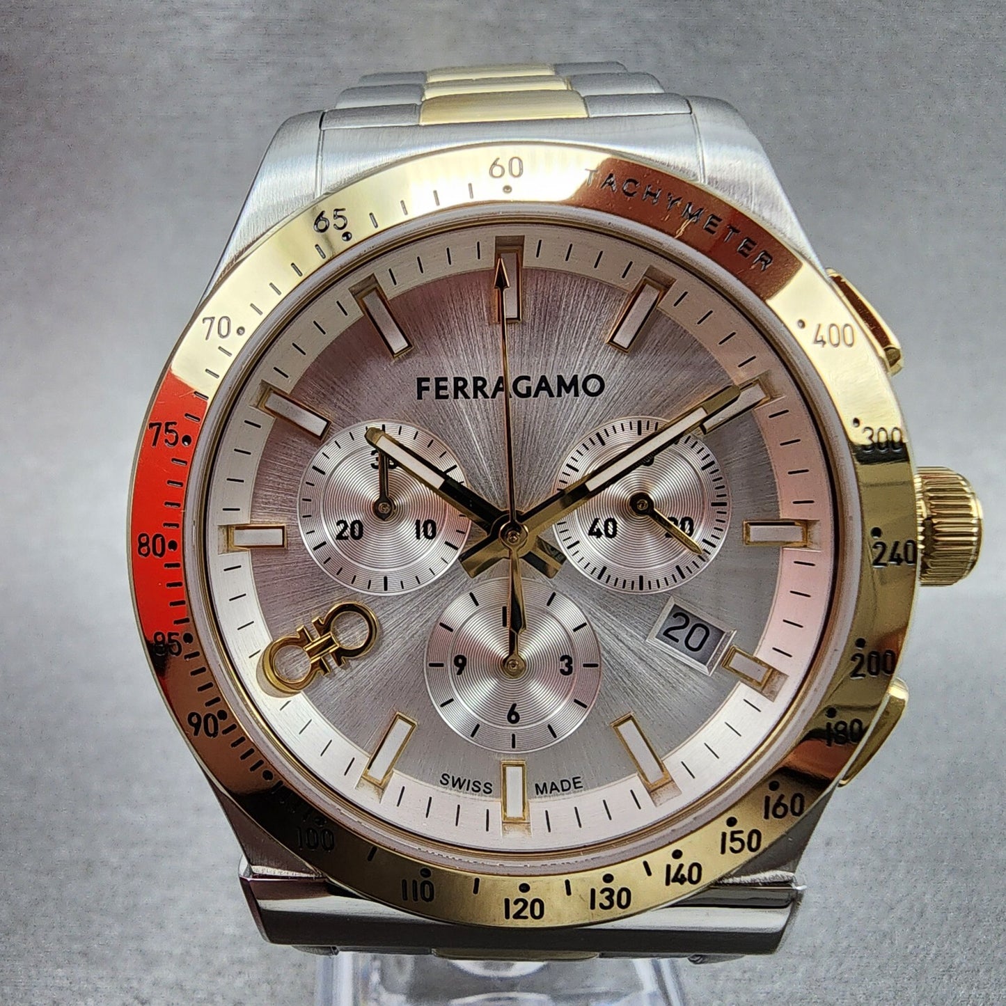 Ferragamo 1927 Chronograph Watch Men 42mm White Dial Two Tone Date Round W/Box