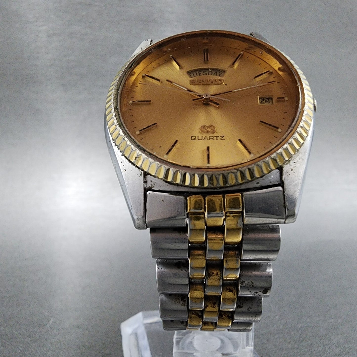 Seiko SQ President Watch Men 37mm Gold Dial Two Tone Daydate 5y23-8a69 New Batt