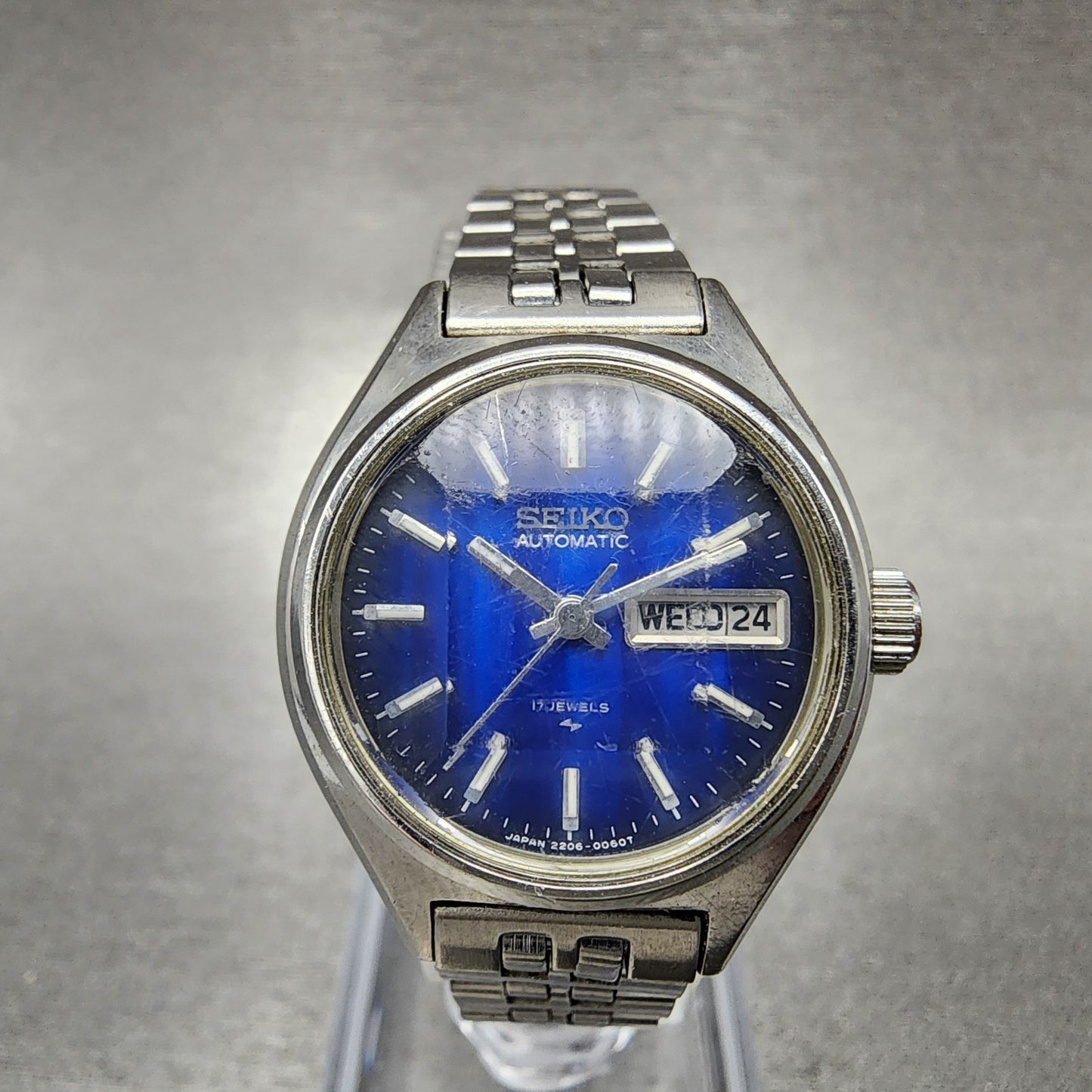 Seiko Automatic Watch Women 25mm Blue Dial Silver Tone Daydate 2206-0510 Runs